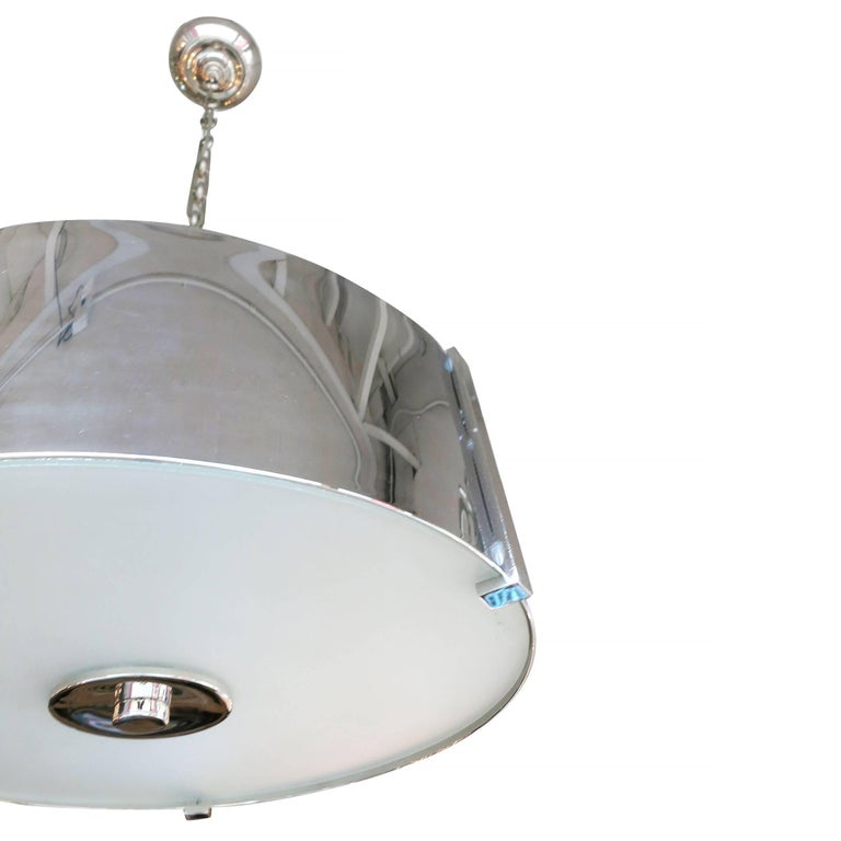 American Chrome Drum Chandelier with Frosted Glass Shade For Sale