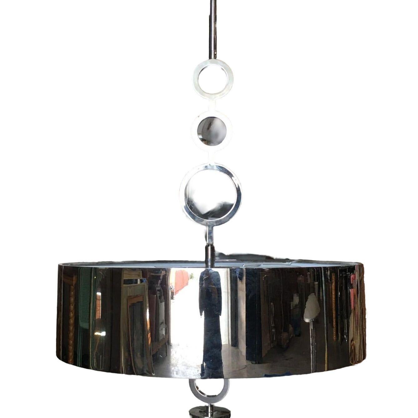 American Chrome Drum Chandelier with Frosted Glass Shade For Sale