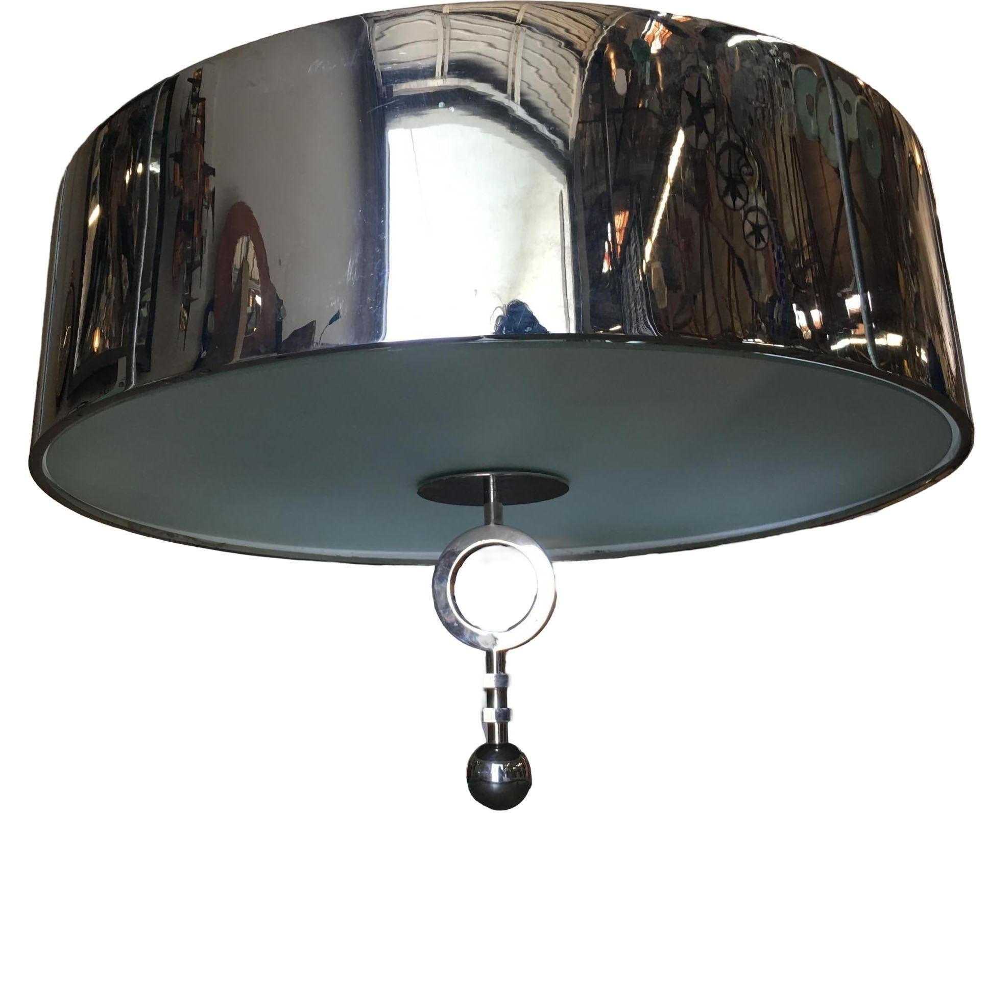 Chrome Drum Chandelier with Frosted Glass Shade In Excellent Condition For Sale In Van Nuys, CA