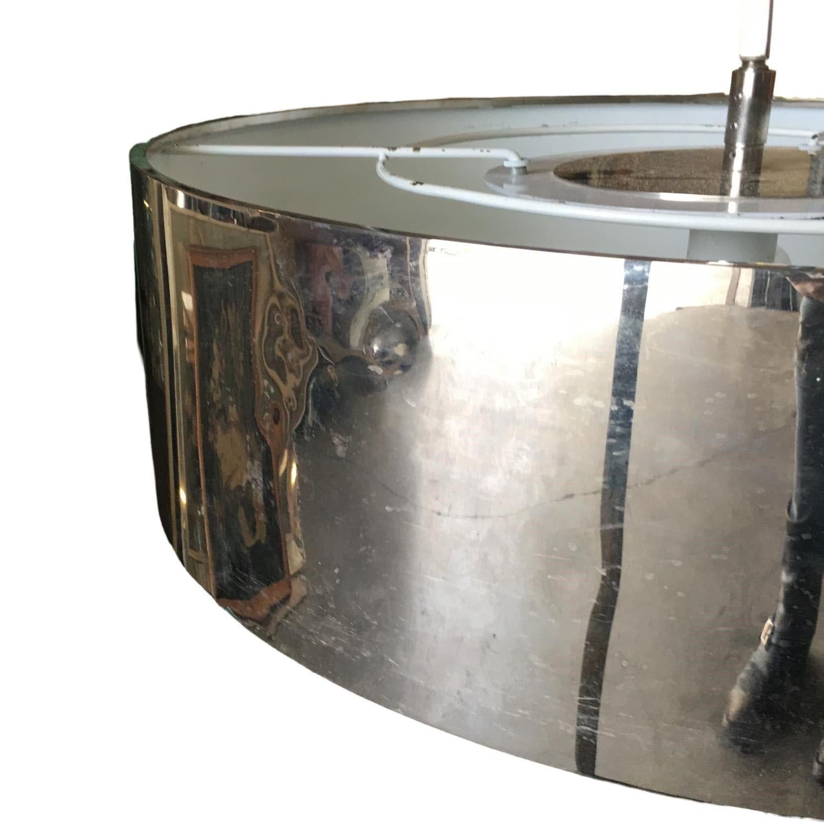 Chrome Drum Chandelier with Frosted Glass Shade For Sale 2