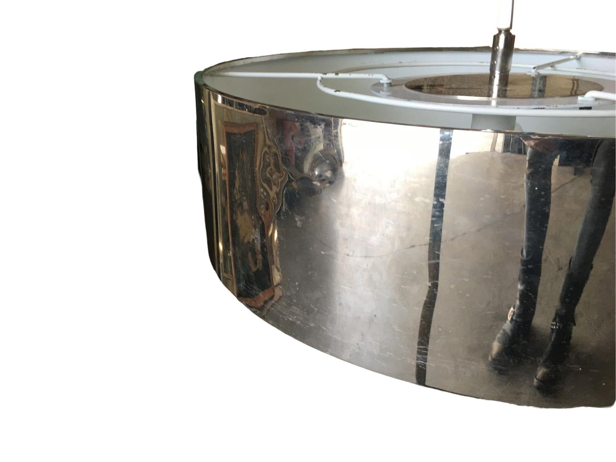 Chrome Drum Chandelier with Frosted Glass Shade For Sale 3