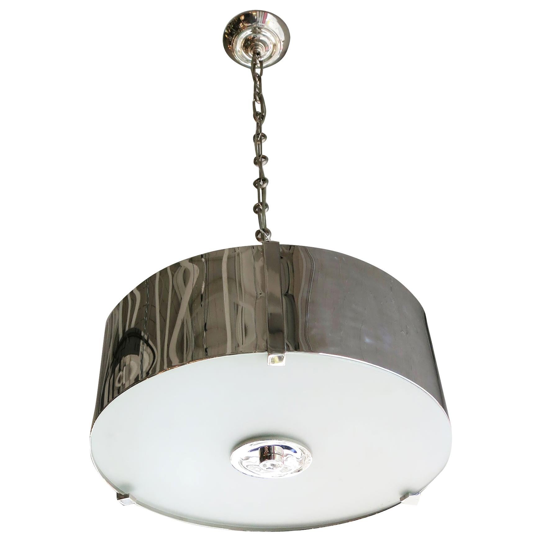 Chrome Drum Chandelier with Frosted Glass Shade For Sale