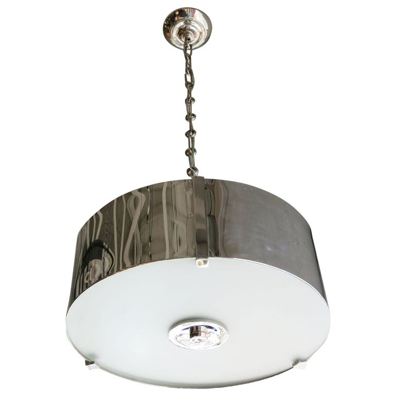 Chrome Drum Chandelier with Frosted Glass Shade For Sale