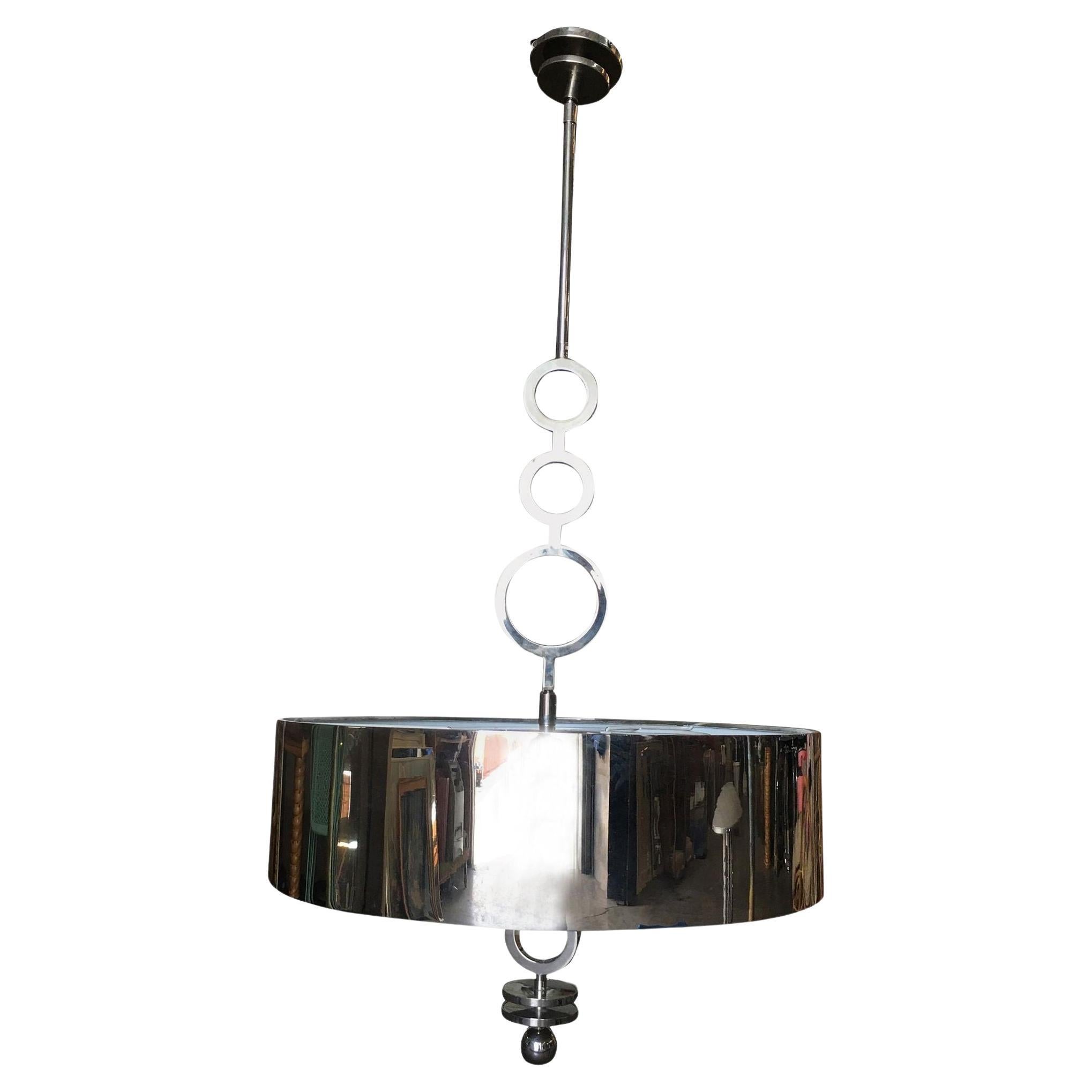 Chrome Drum Chandelier with Frosted Glass Shade