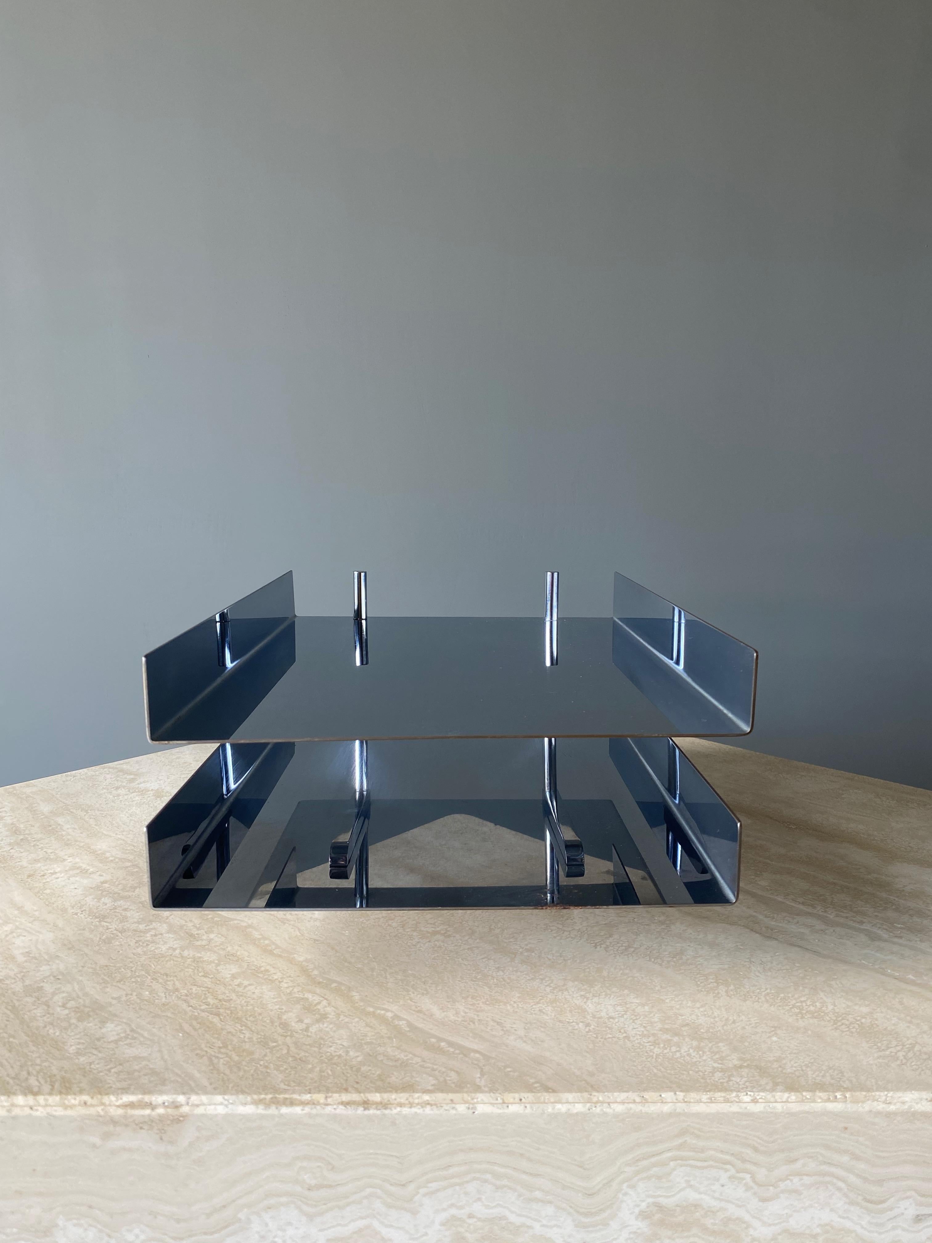 Mid Century Chrome Dual Level Letter Tray By Hugh Acton, 1960s.