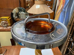 Chrome Early Mid Century Amber Glass "Twist" Oak Ashtray Stand