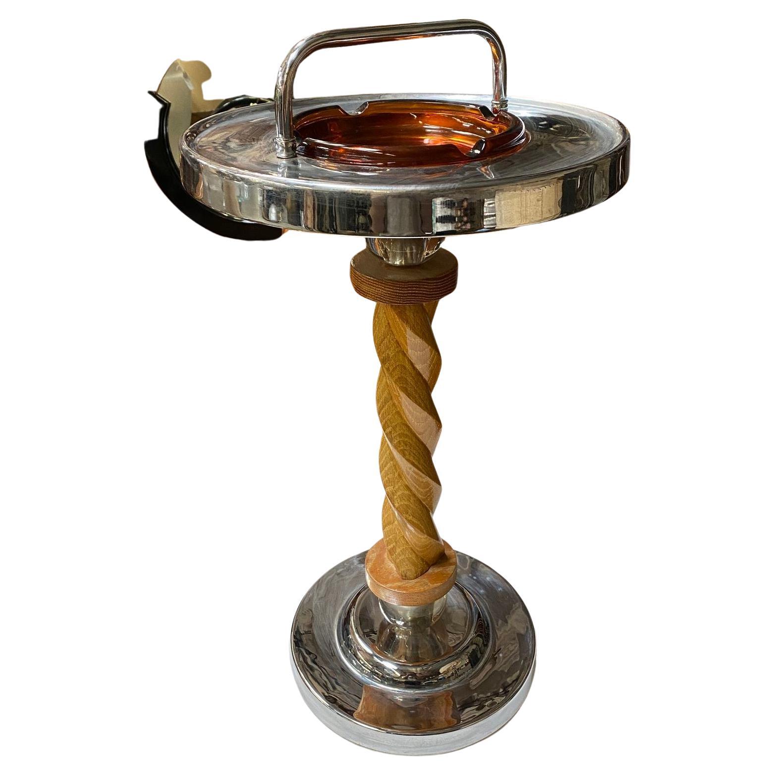 Chrome Early Mid Century Amber Glass "Twist" Oak Ashtray Stand