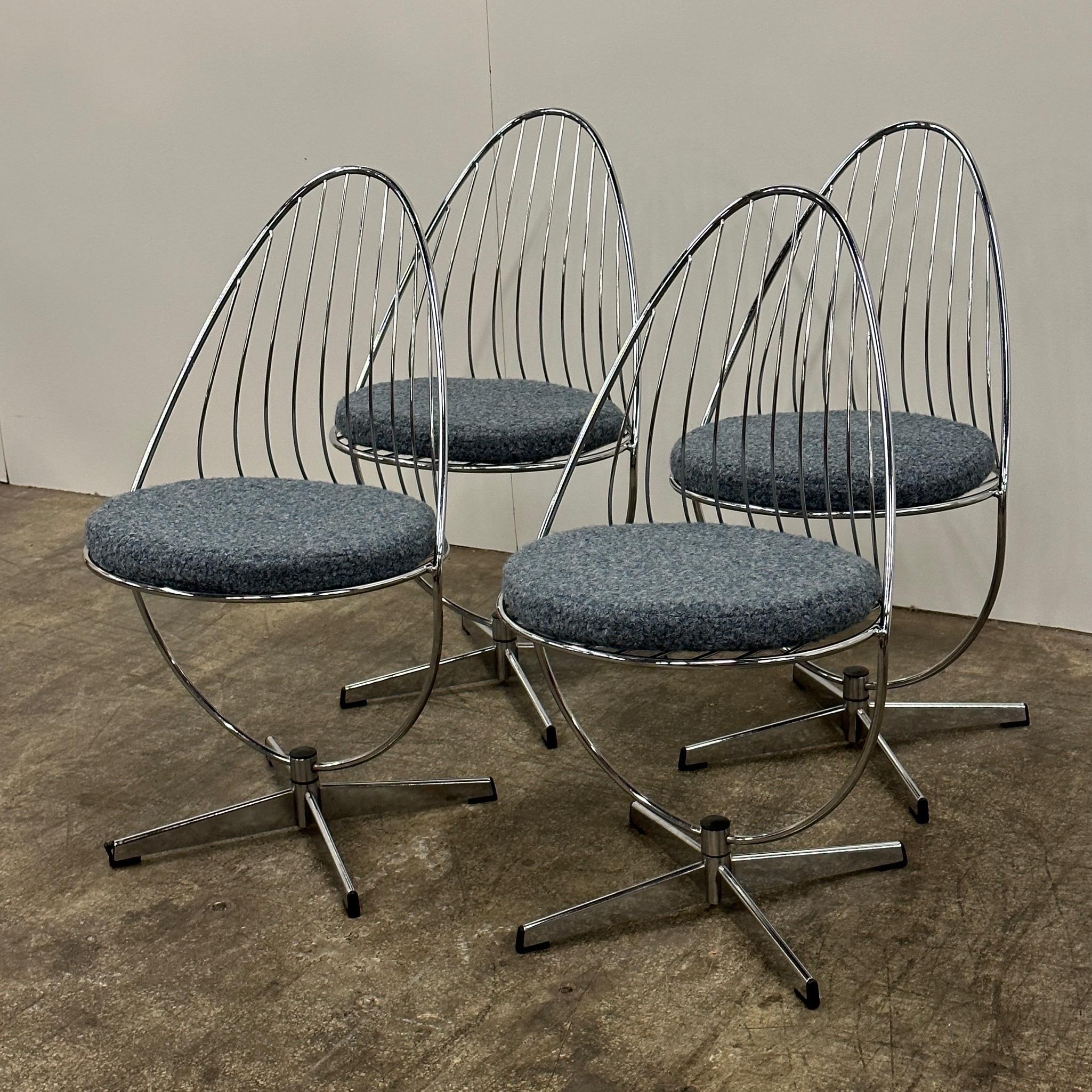 c. 1960s. Chrome egg chairs with seat pad upholstered in lambchop boucle. Attributed to Dahlens Dalum of Sweden. 