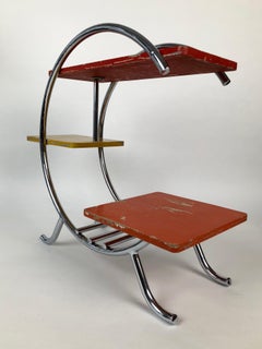Chrome Etagere with Coral, Yellow and Red Painted Shelves in Bauhaus Style