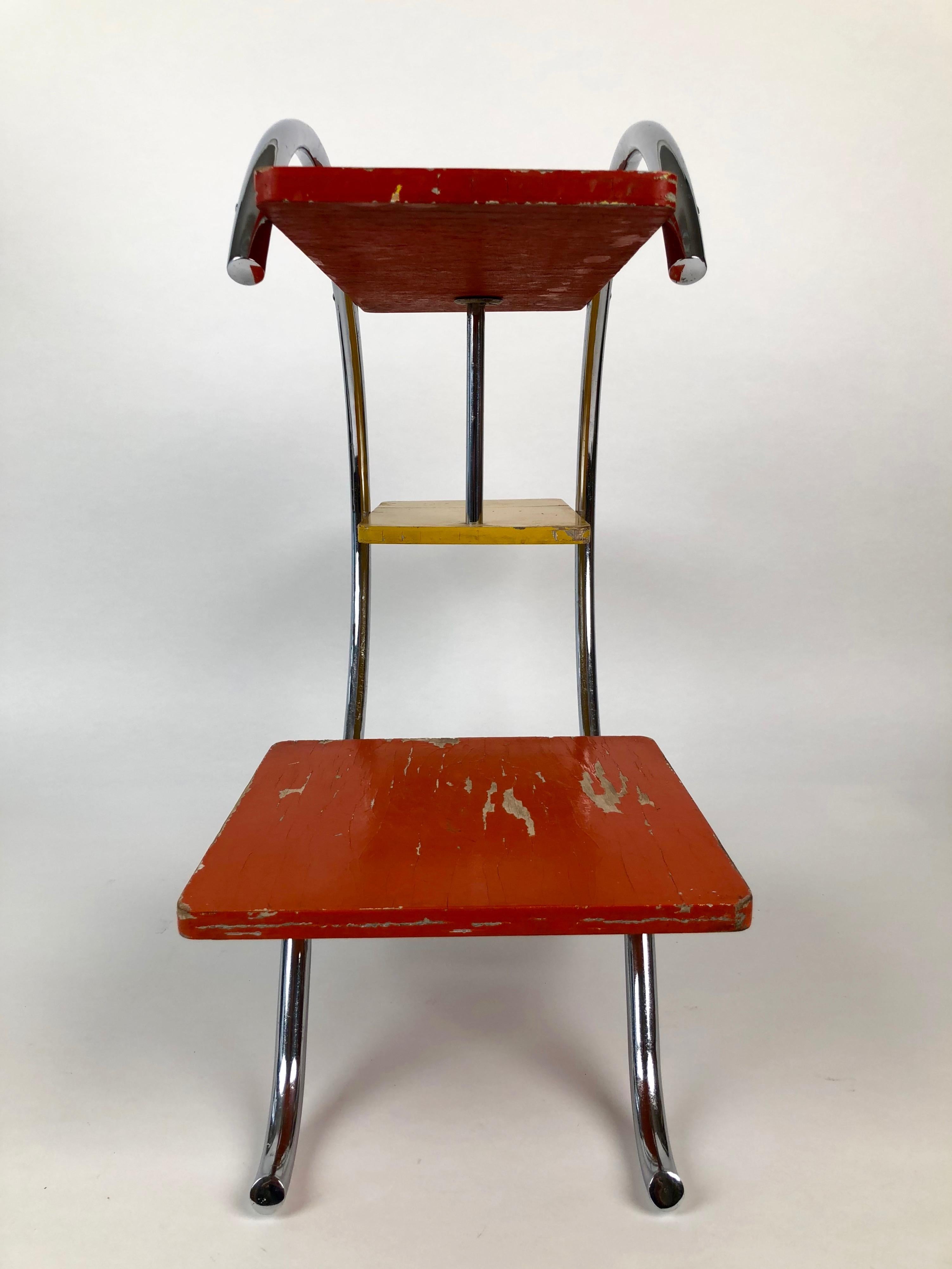 Czech Chrome Etagere with Coral, Yellow and Red Painted Shelves in Bauhaus Style For Sale