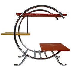 Vintage Chrome Etagere with Coral, Yellow and Red Painted Shelves in Bauhaus Style