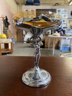 Chrome Farberware Nude Women Art Deco Compote w/ Amber Glass Cup