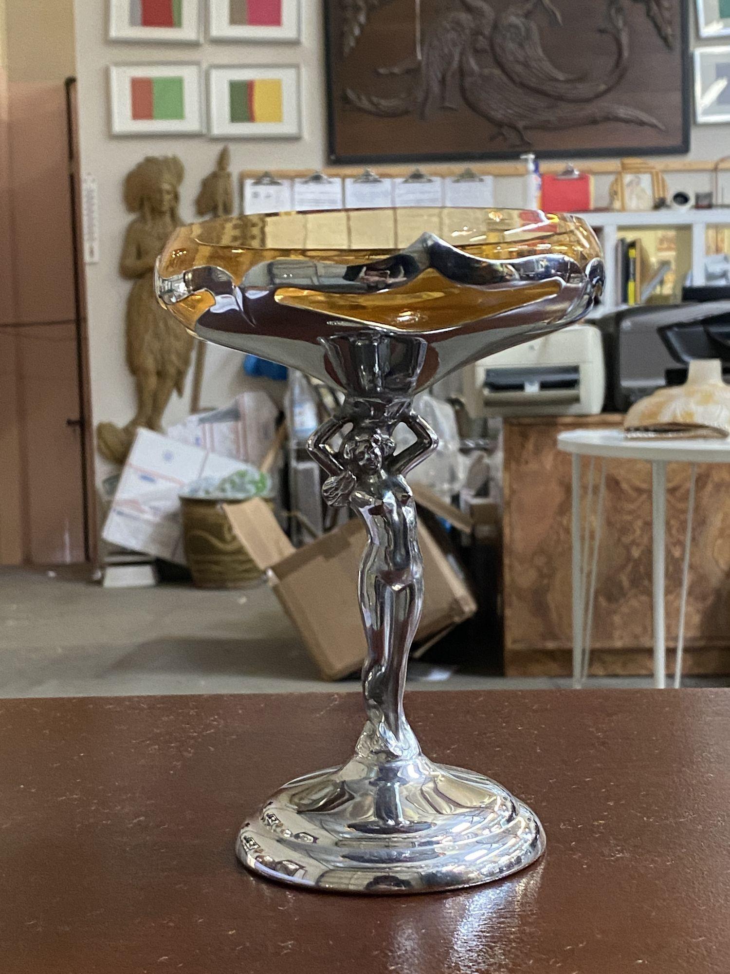 Mid-20th Century Chrome Farberware Nude Women Art Deco Compote w/ Amber Glass Cup For Sale