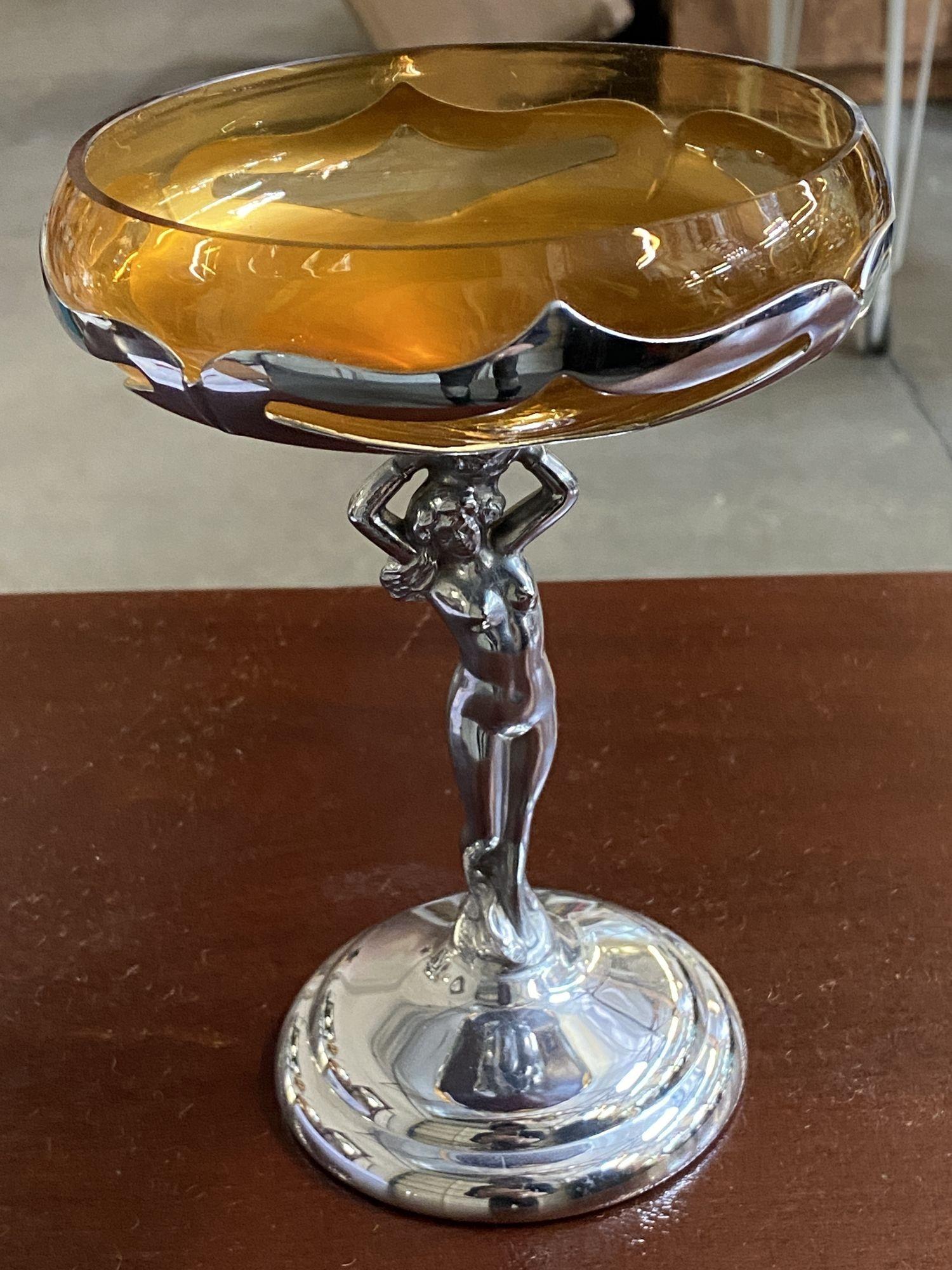 Chrome Farberware Nude Women Art Deco Compote w/ Amber Glass Cup For Sale 2