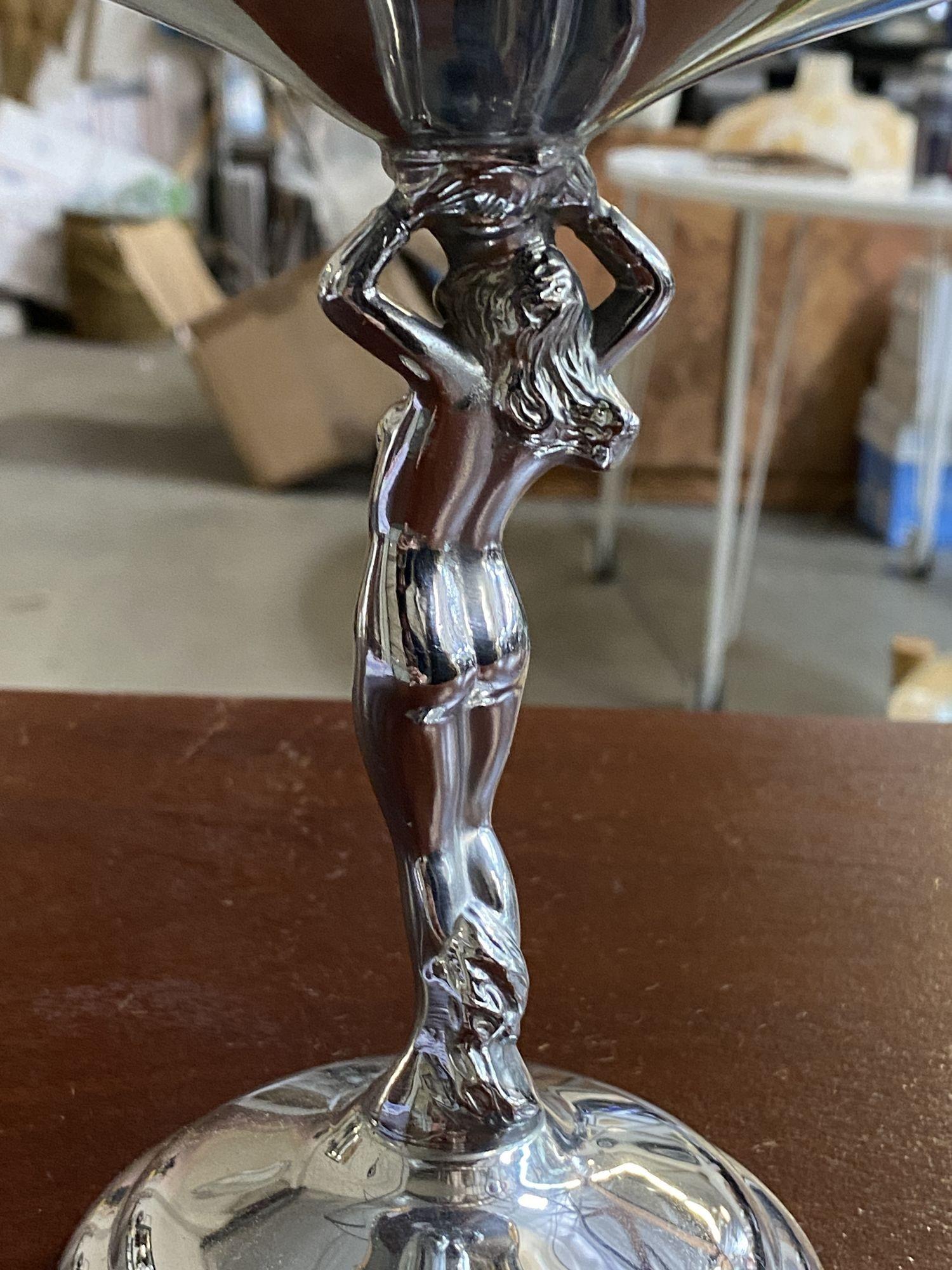 Chrome Farberware Nude Women Art Deco Compote w/ Amber Glass Cup For Sale 4