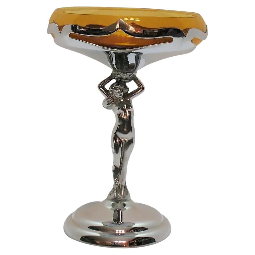 Chrome Farberware Nude Women Art Deco Compote w/ Amber Glass Cup