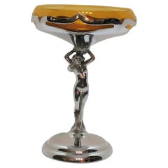 Vintage Chrome Farberware Nude Women Art Deco Compote w/ Amber Glass Cup