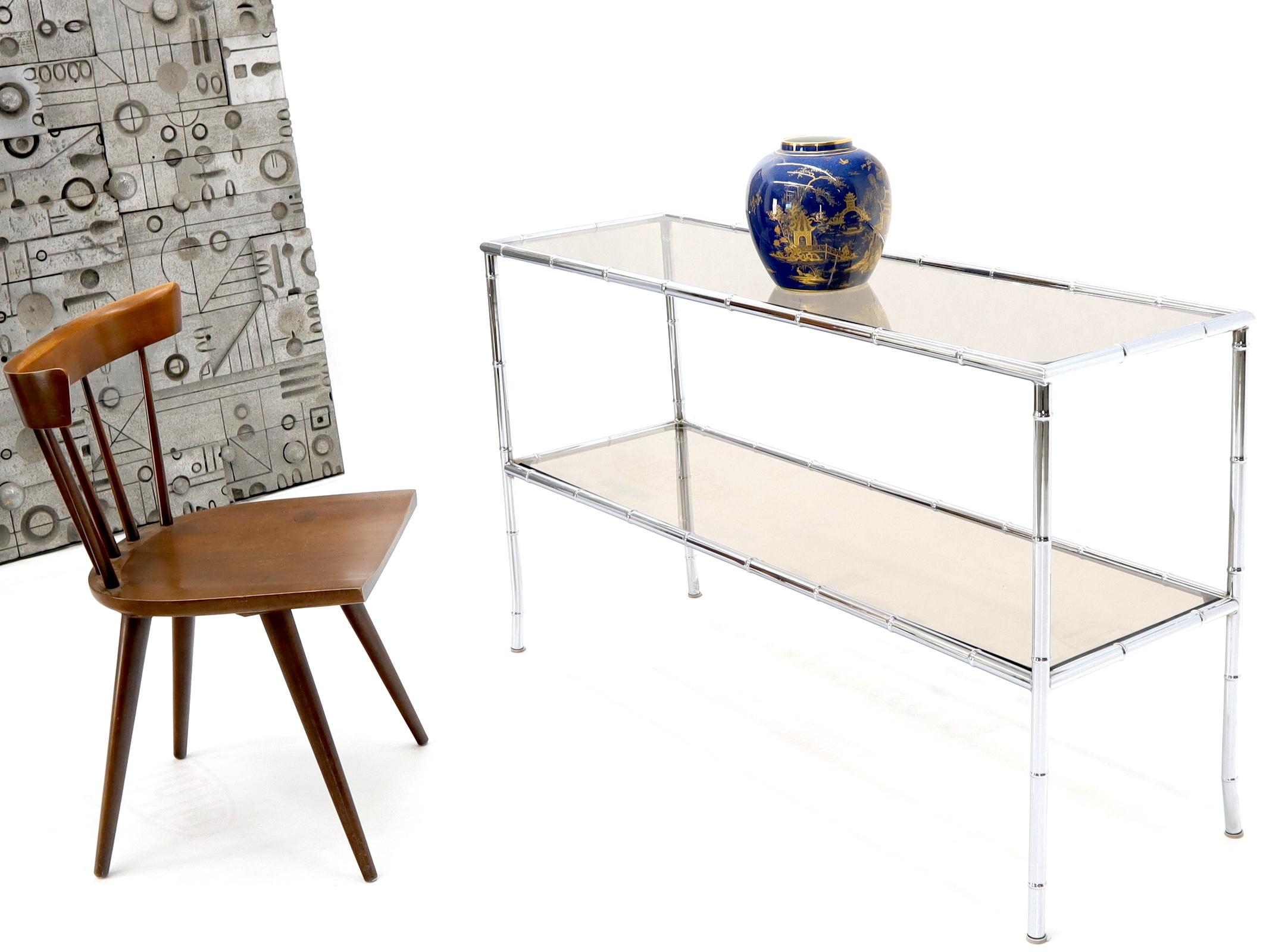 Mid-Century Modern smoked glass faux bamboo console sofa table.