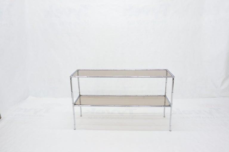 Mid-Century Modern Chrome Faux Bamboo Two-Tier Smoked Glass Console Sofa Table For Sale