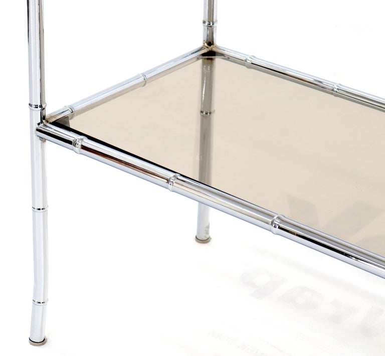20th Century Chrome Faux Bamboo Two-Tier Smoked Glass Console Sofa Table For Sale