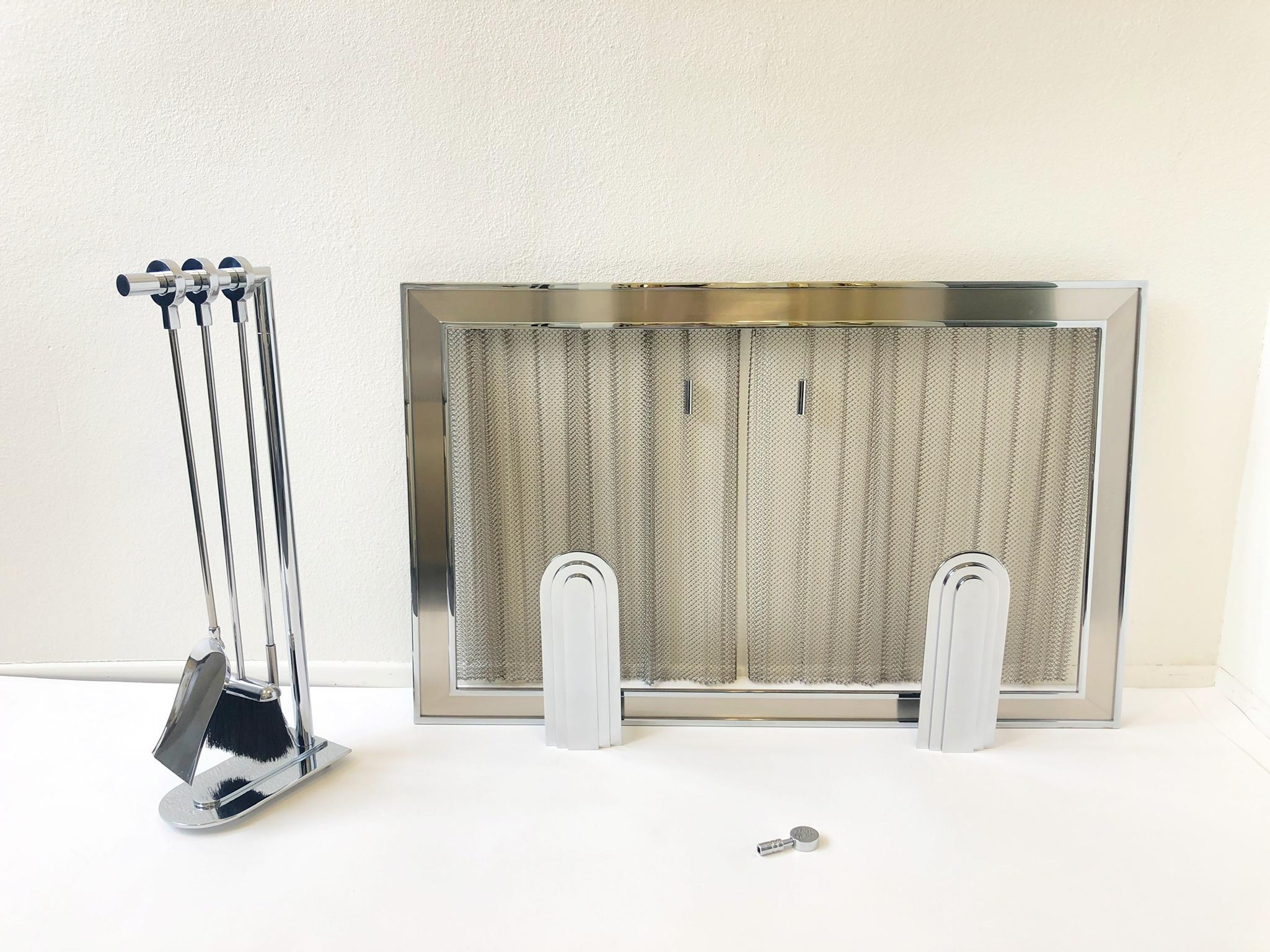 Modern Chrome Fireplace Tool, Andirons and Fire-Screen by Maison Charles For Sale
