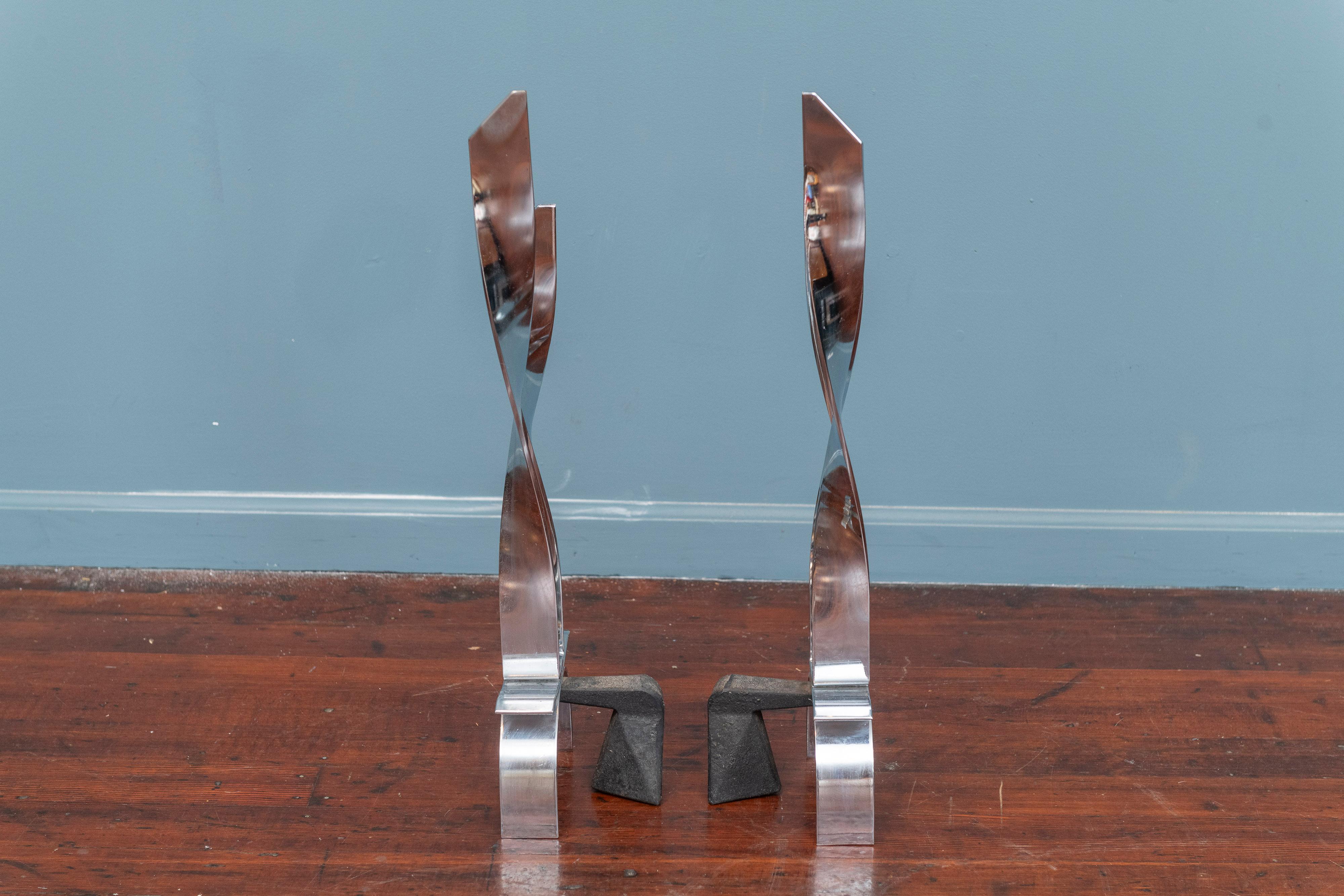 Mid-Century Modern Chrome Flame Form Andirons For Sale