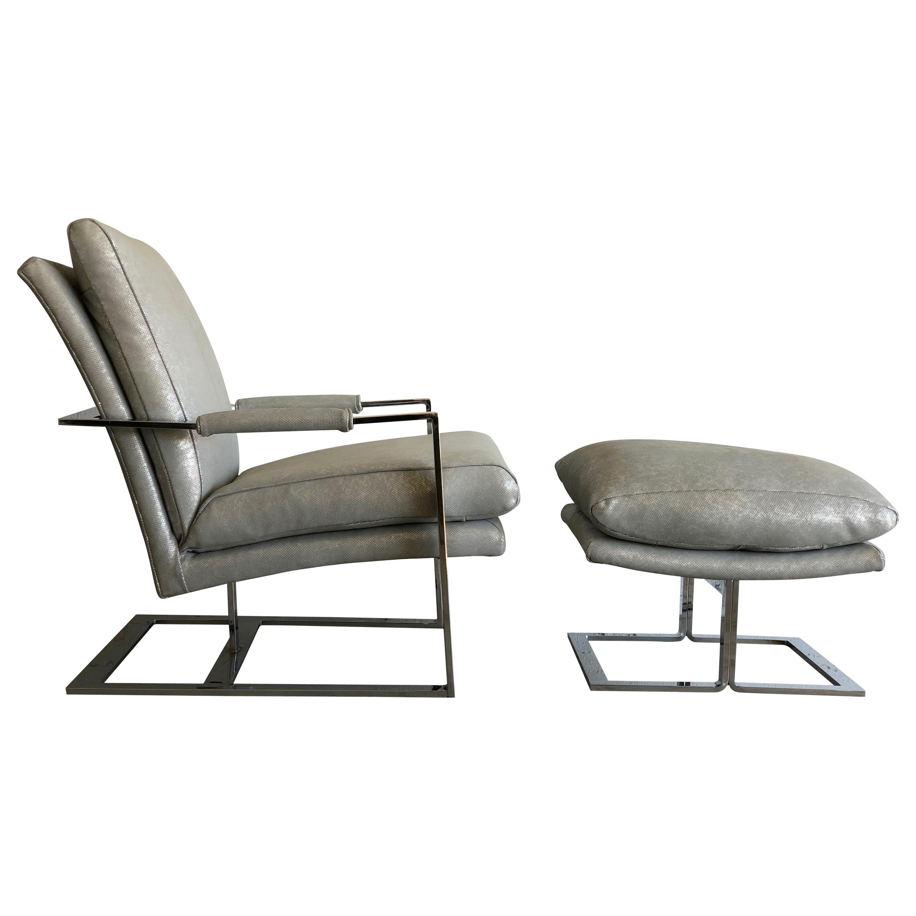 Chrome Flat Bar 1970s Lounge Chair and Ottoman in Silver Grey Metallic Leather For Sale