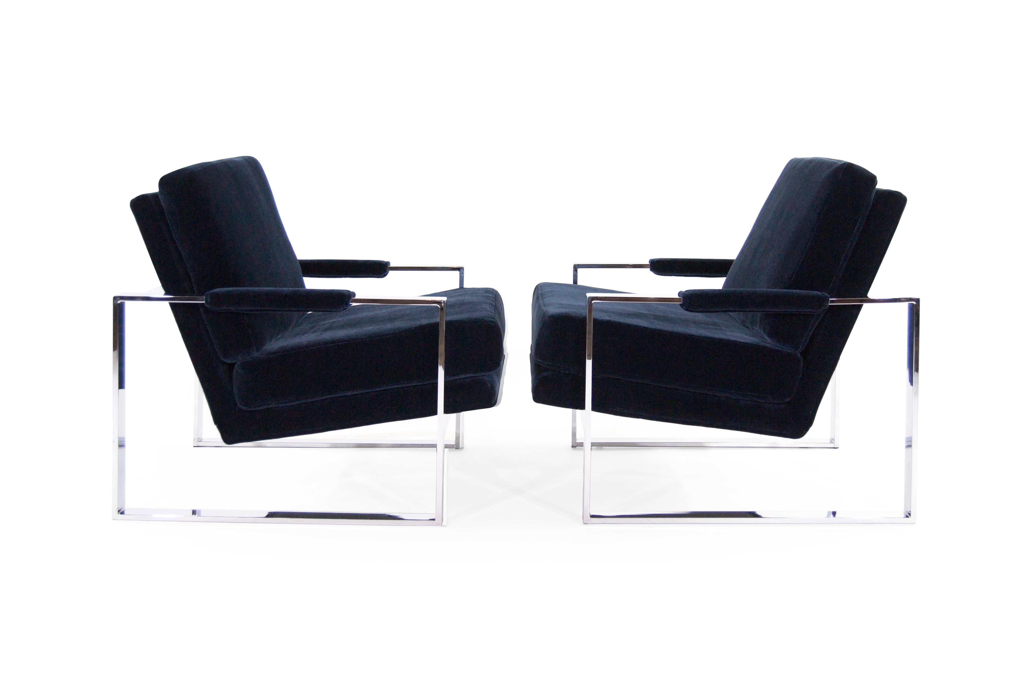 Pair of lounge chairs designed by Milo Baughman for Thayer Coggin newly recovered in midnight blue mohair by Donghia.
Chrome frames in perfect condition, no chips, discoloration or rust.