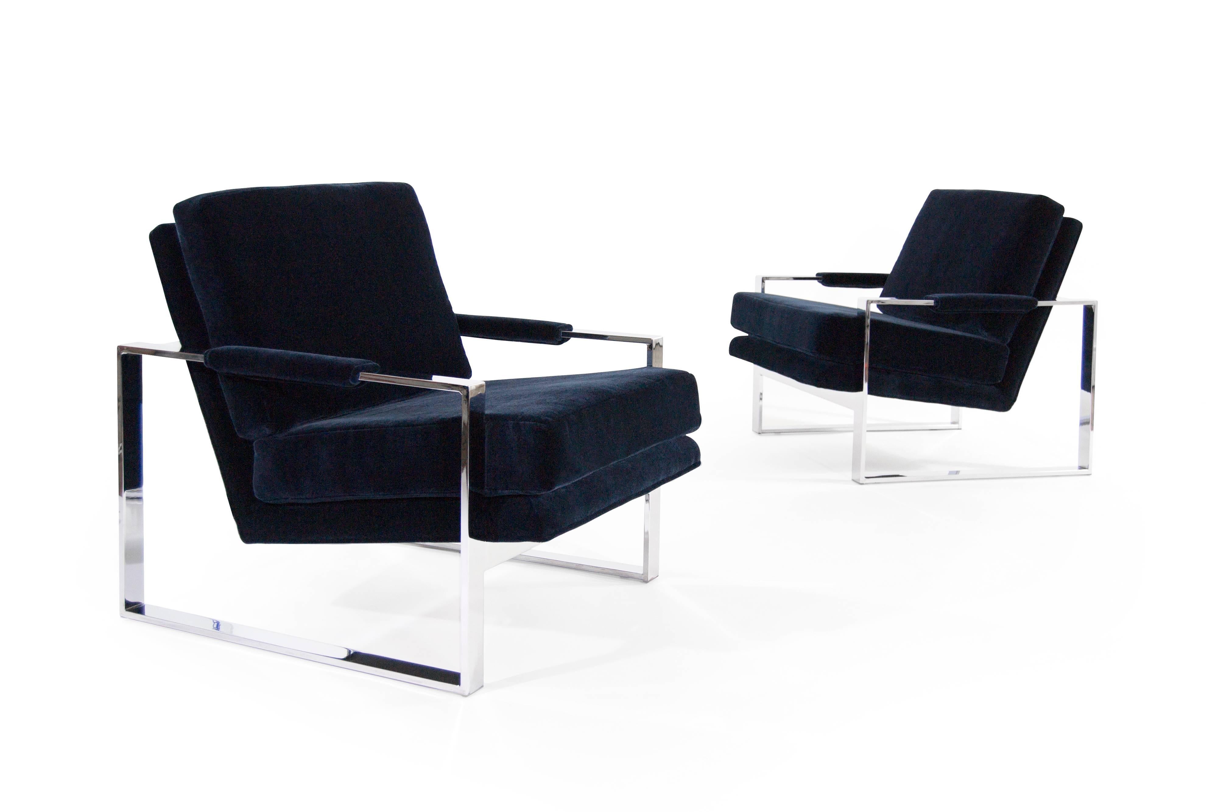 American Pair of Chrome Flat Bar Lounge Chairs by Milo Baughman