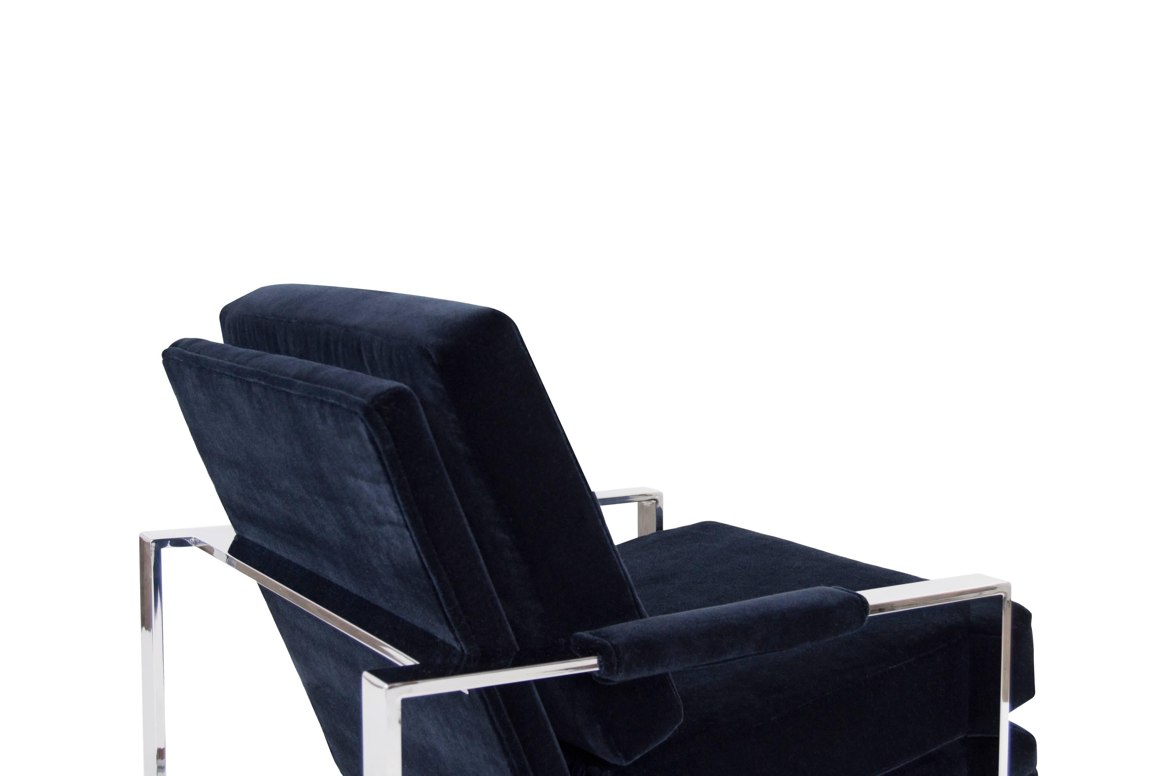 Mohair Pair of Chrome Flat Bar Lounge Chairs by Milo Baughman