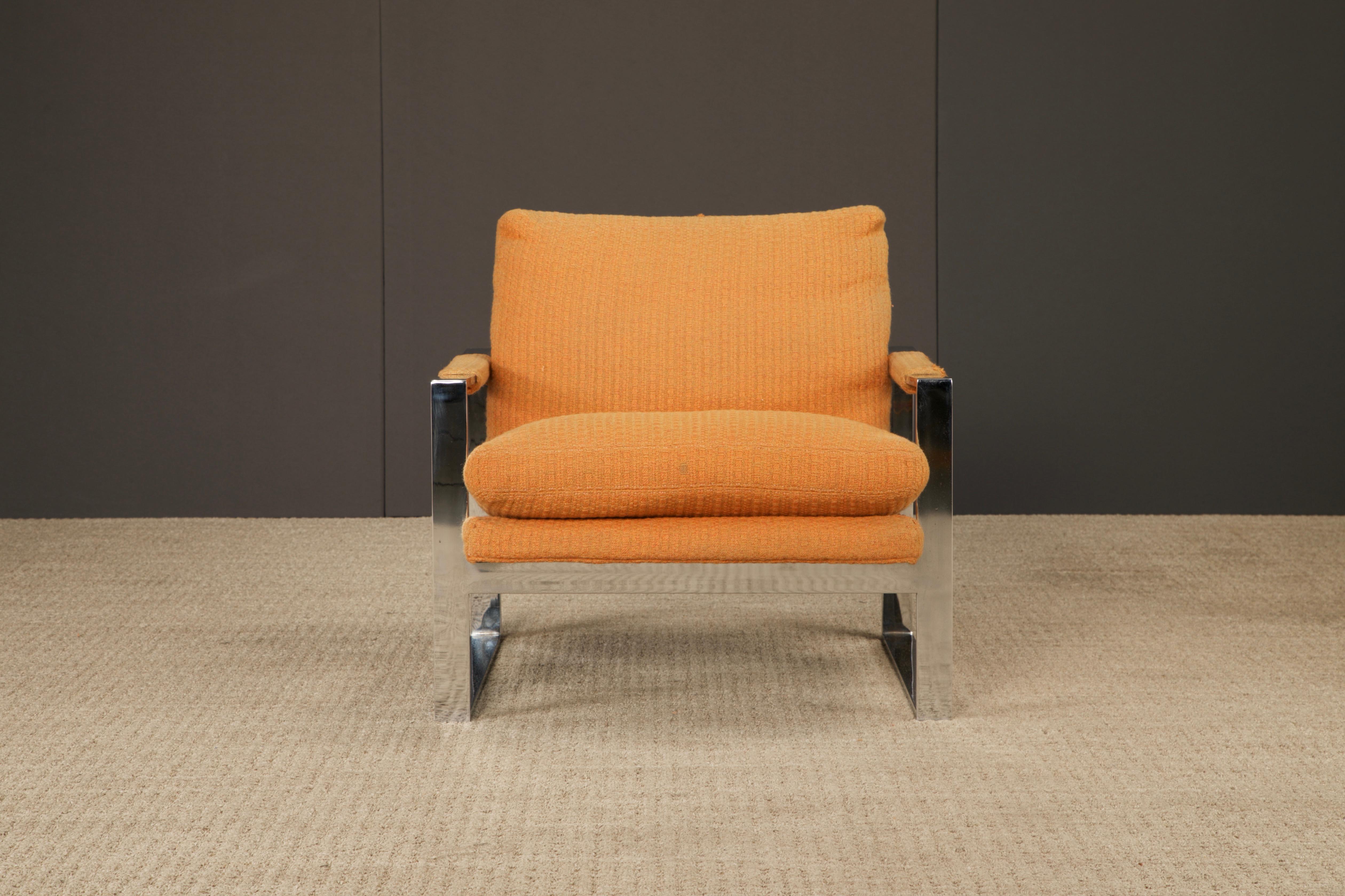 This original production era (early example) of the chrome flatbar lounge chair by Milo Baughman for Thayer Coggin is a perfect opportunity for a collector or interior designer to acquire and reupholster for a long lasting collection of Modern