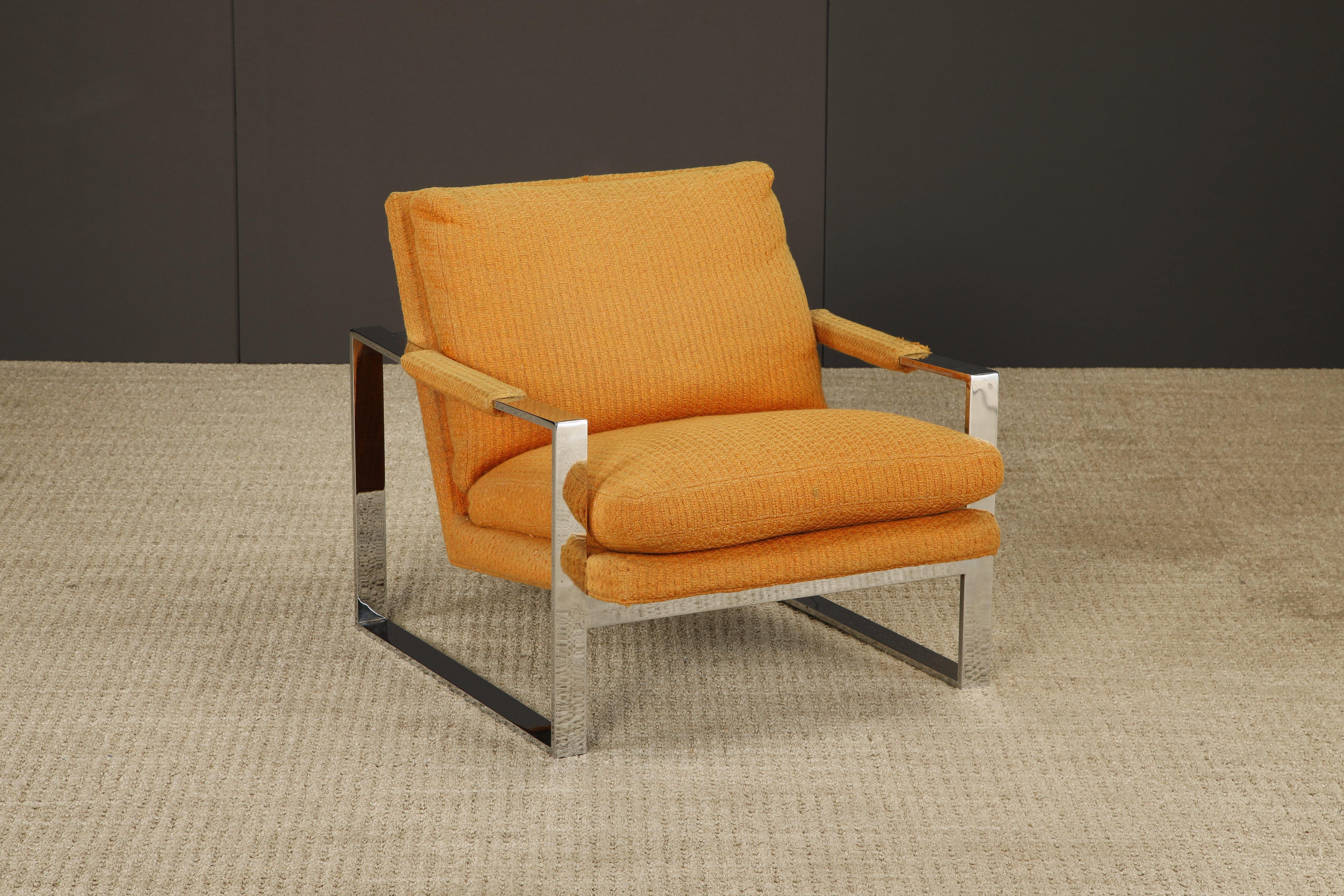 Steel Chrome Flatbar Lounge Armchair by Milo Baughman for Thayer Coggin, 1970s, Signed For Sale