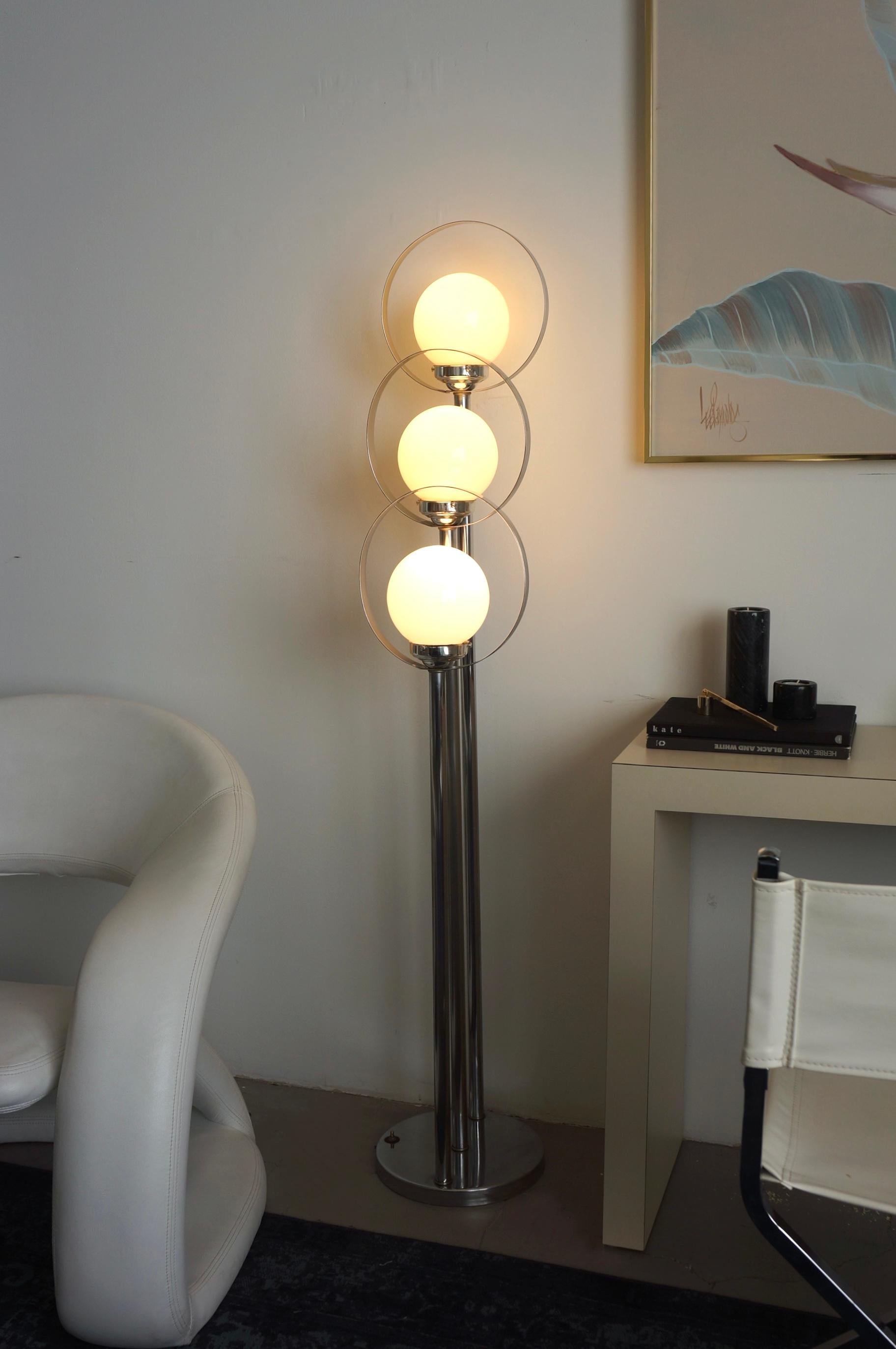 Mid-Century Modern Chrome Floor Lamp With Three Orb Globes And Halos