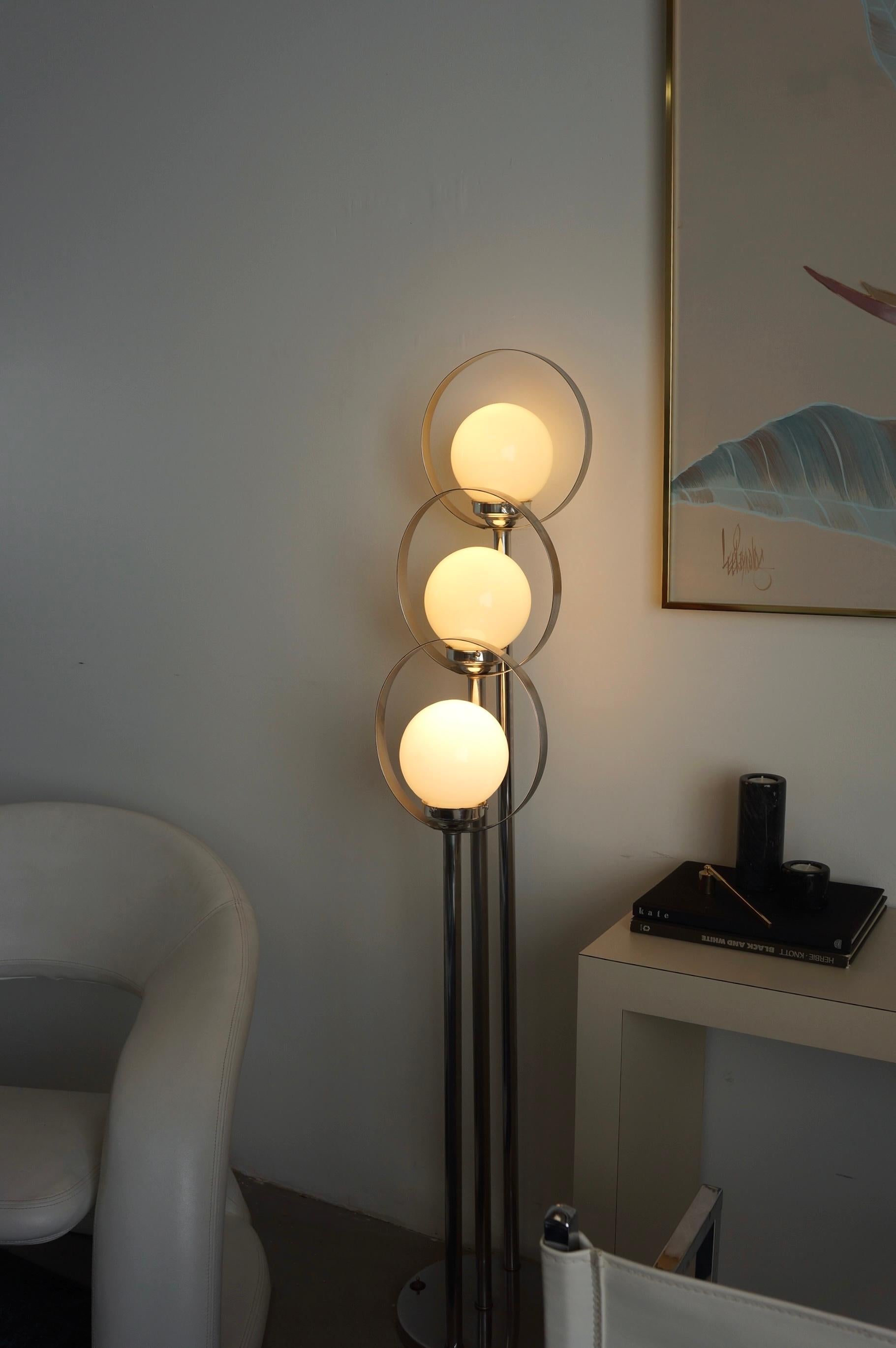 American Chrome Floor Lamp With Three Orb Globes And Halos