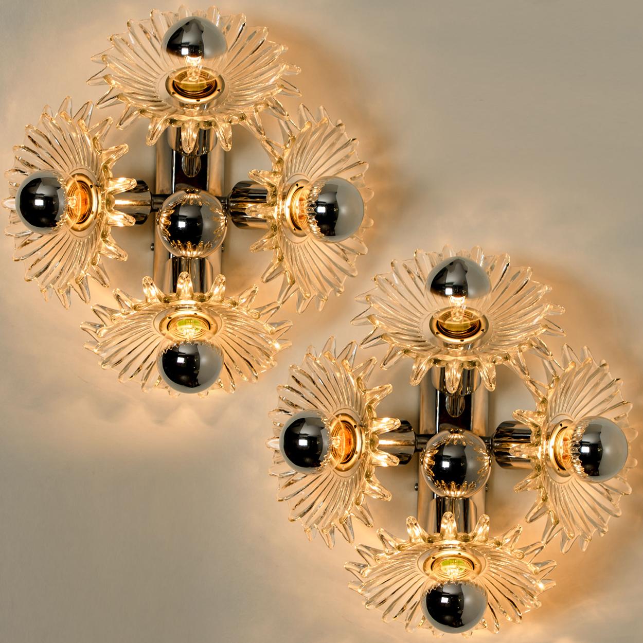 Mid-Century Modern Chrome Flower Glass Wall Lights, Brothers Cosack, 1969s