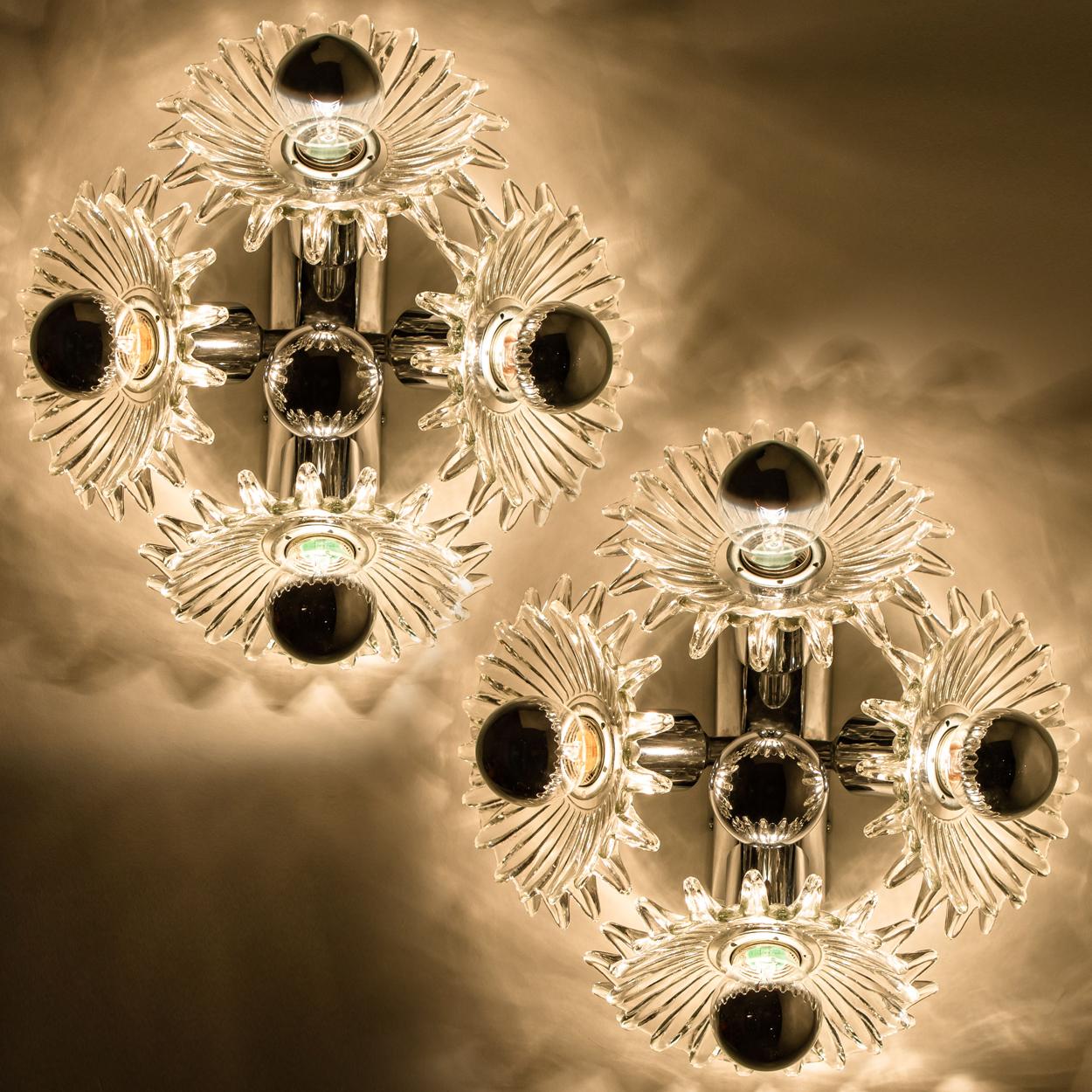 Mid-20th Century Chrome Flower Glass Wall Lights, Brothers Cosack, 1969s