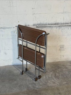 Chrome Folding Rolling Bar Cart with Wood Grain Trays Mid-Century Modern 1970s
