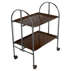 Chrome Folding Rolling Bar Cart with Wood Grain Trays Mid-Century Modern 1970s