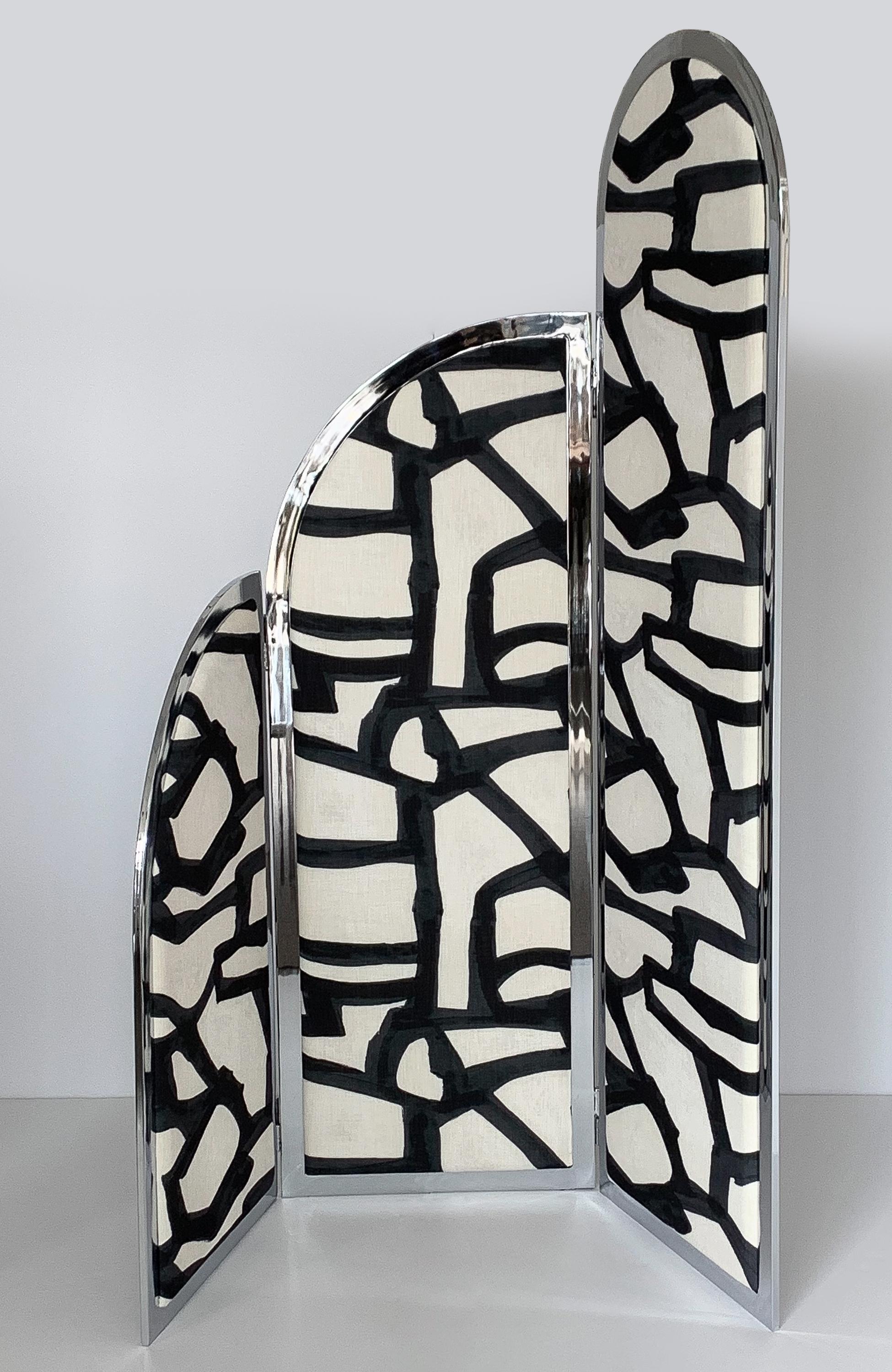 Plated Chrome Folding Screen Upholstered in Porter Teleo Fabric