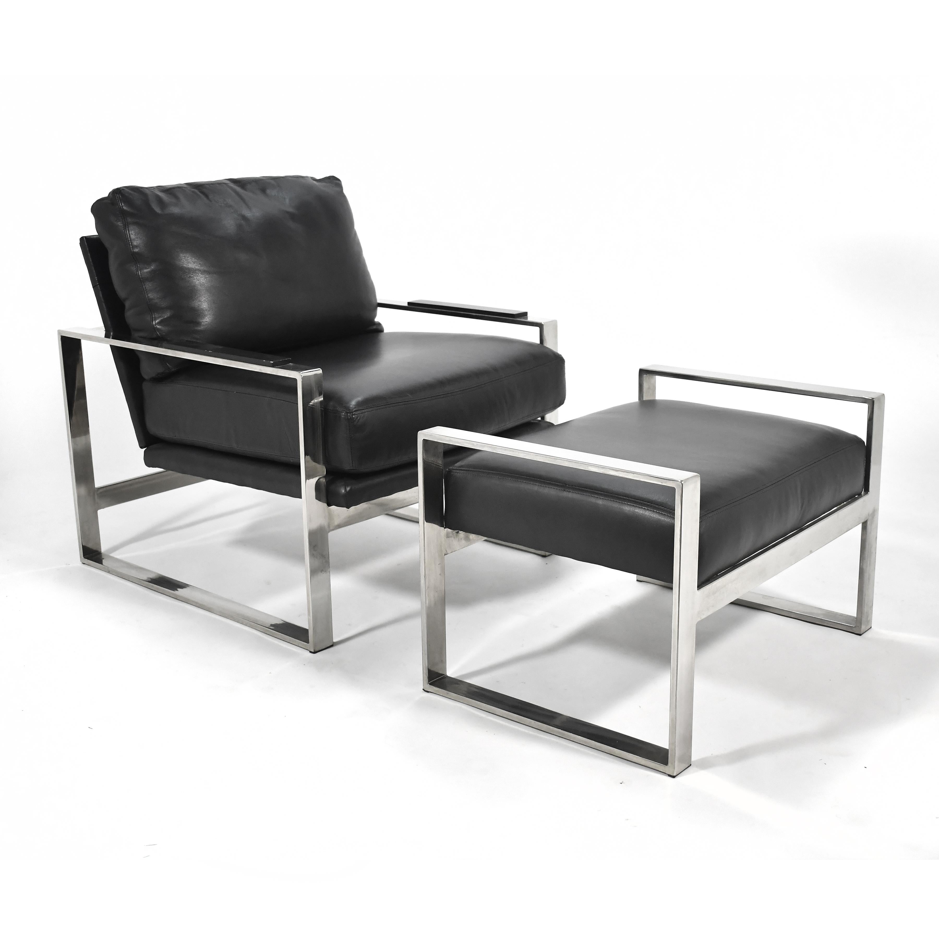 This refined lounge chair and ottoman has a architectural frame of chromed steel supporting a seat of rich black leather. The arms are capped with warm lacquered wood. The entire design is very similar to Milo Baughman's work, but the chair was sold