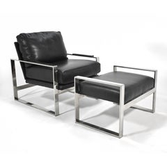 Chrome Frame Lounge Chair & Ottoman in the Manner of Milo Baughman