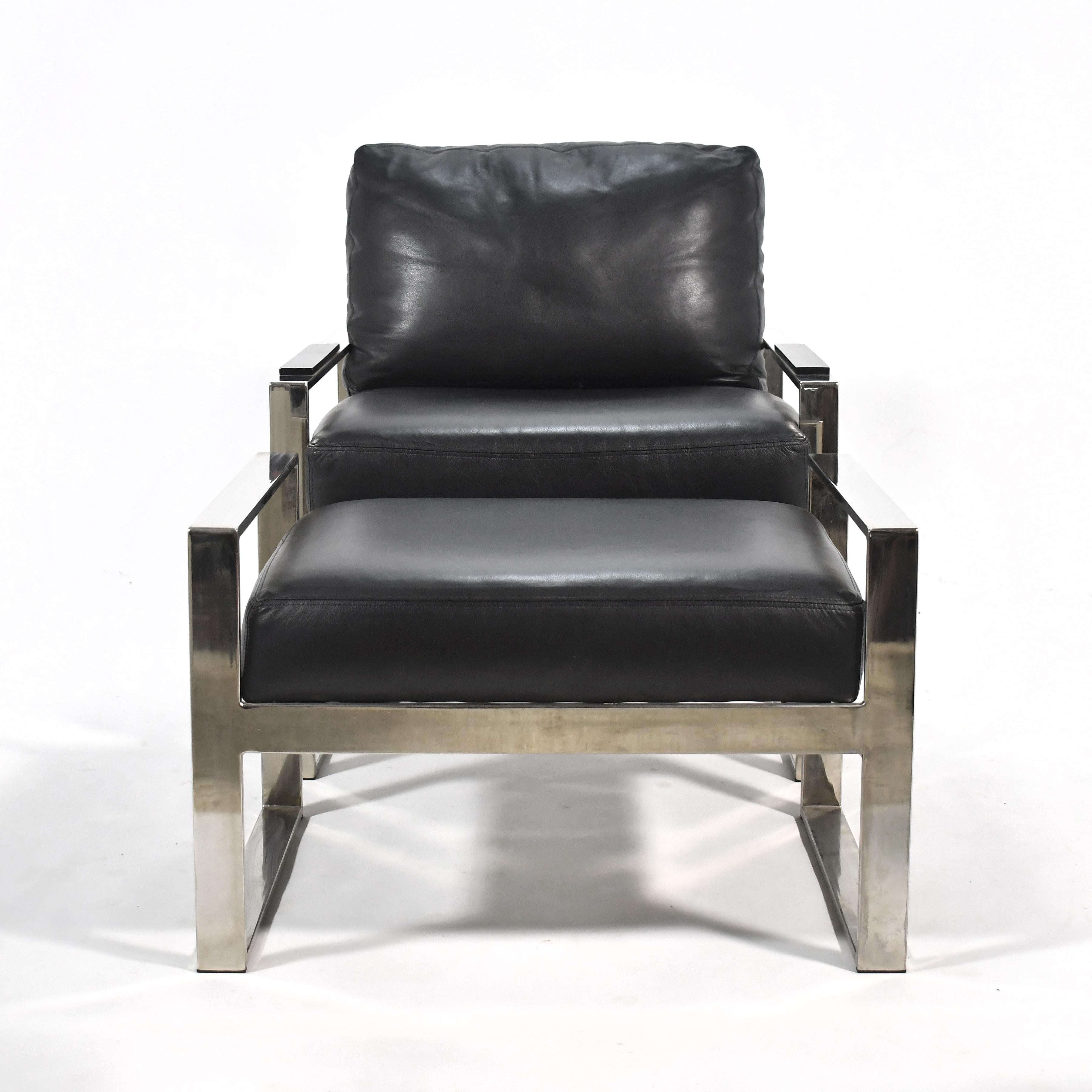 Mid-Century Modern Chrome Frame Lounge Chair & Ottoman in the Manner of Milo Baughman For Sale