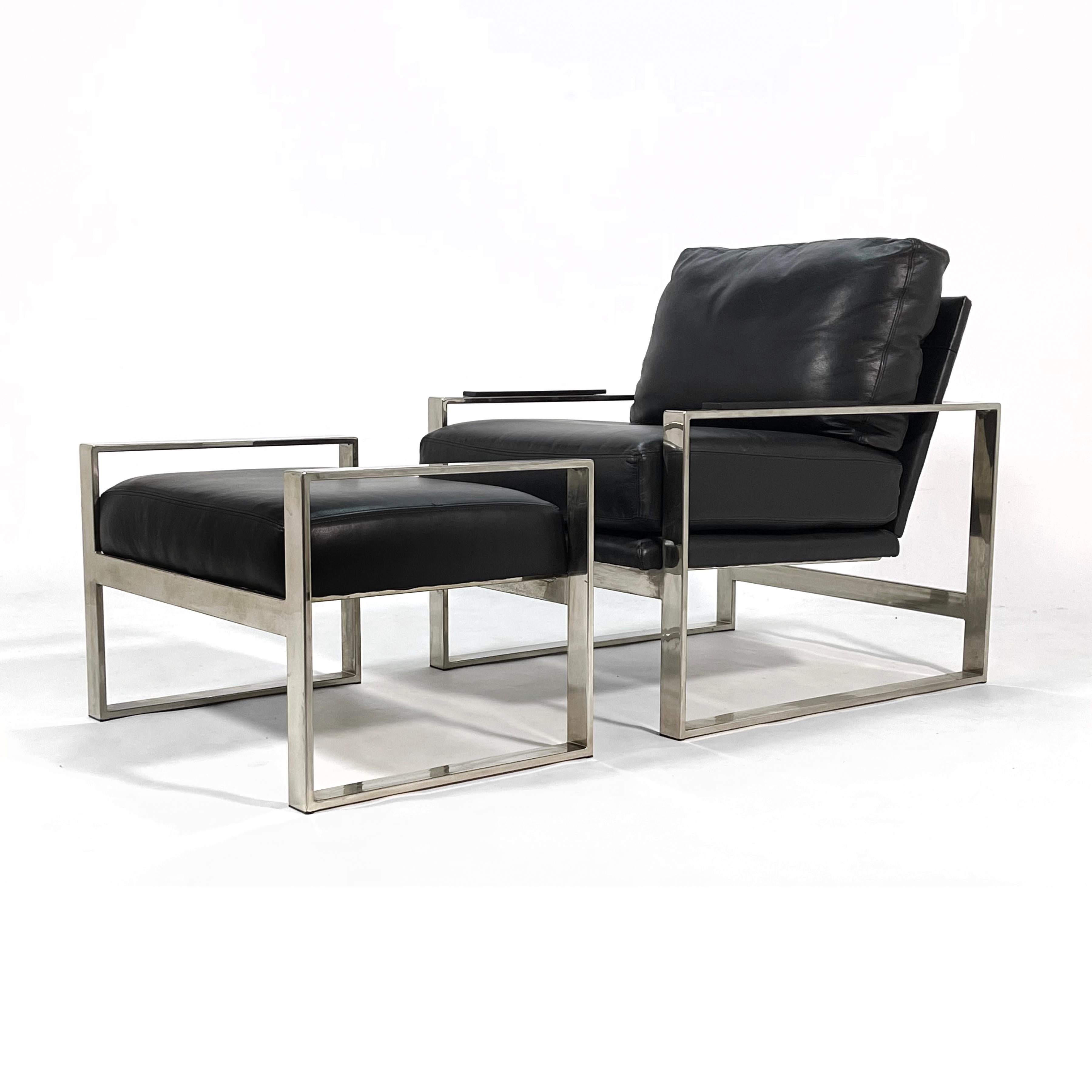 American Chrome Frame Lounge Chair & Ottoman in the Manner of Milo Baughman For Sale