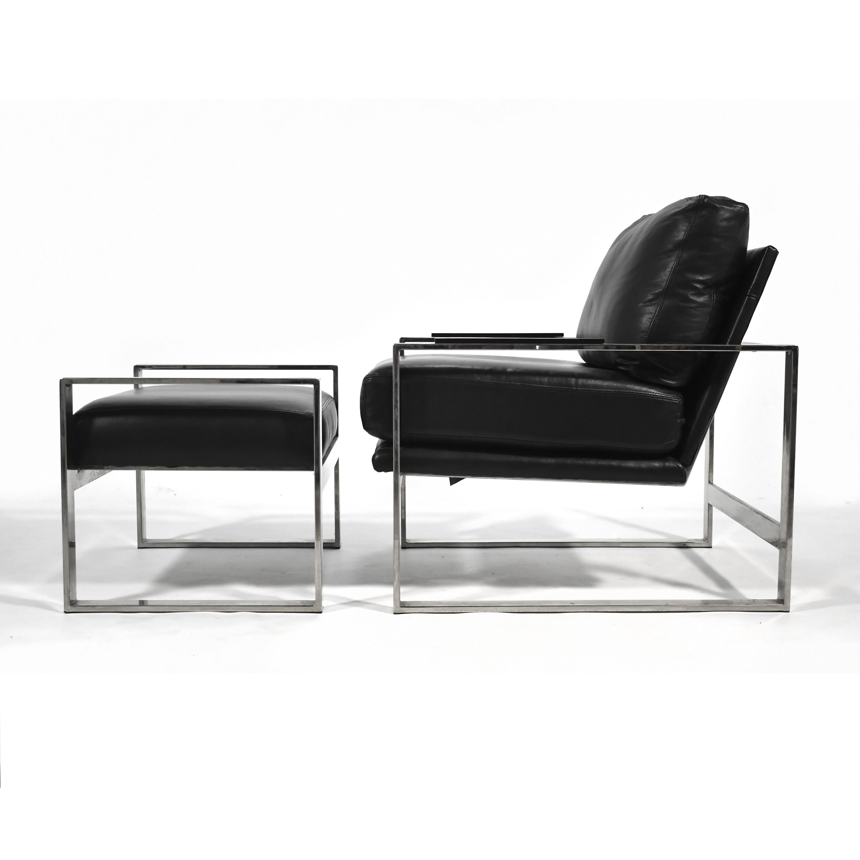Plated Chrome Frame Lounge Chair & Ottoman in the Manner of Milo Baughman For Sale