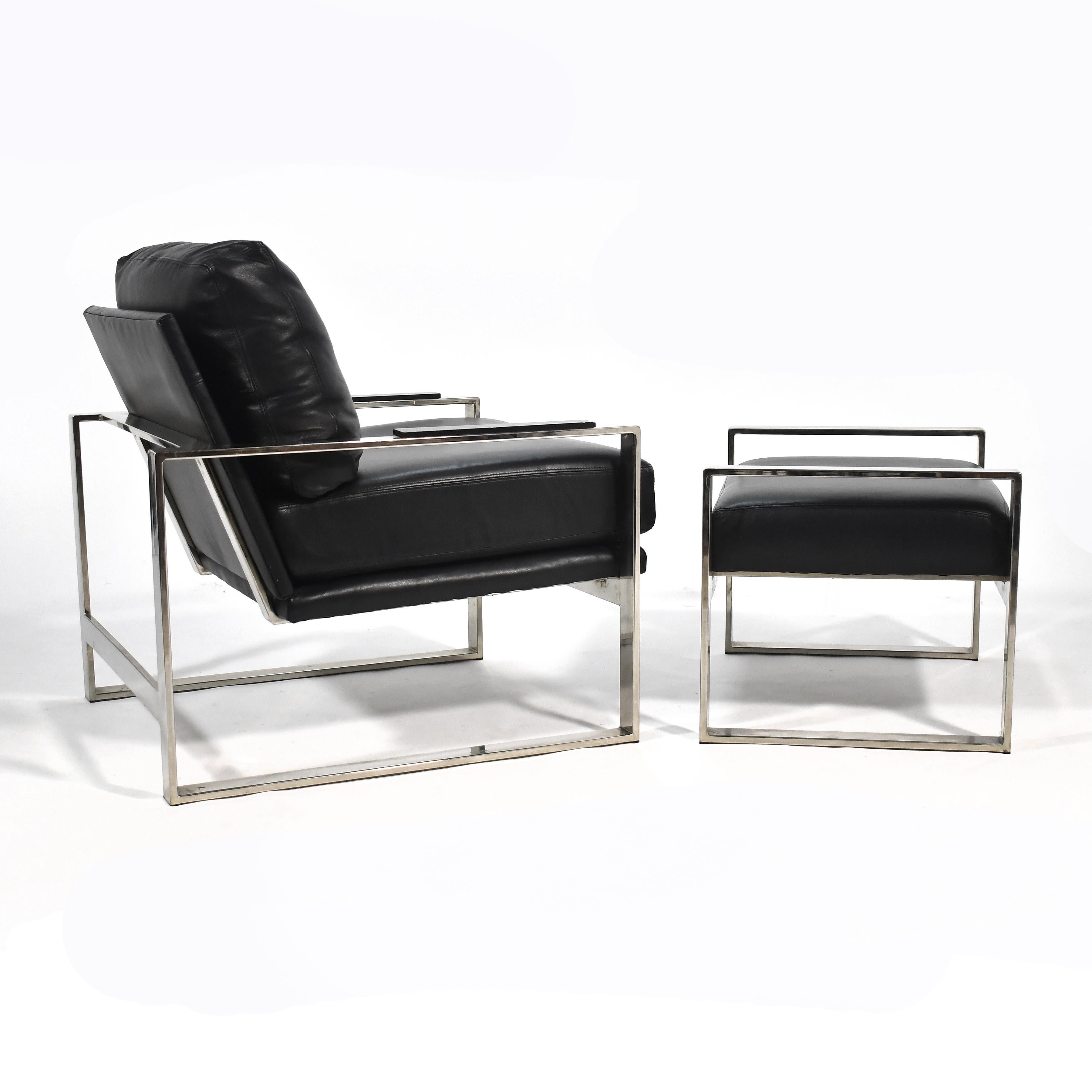 Late 20th Century Chrome Frame Lounge Chair & Ottoman in the Manner of Milo Baughman For Sale