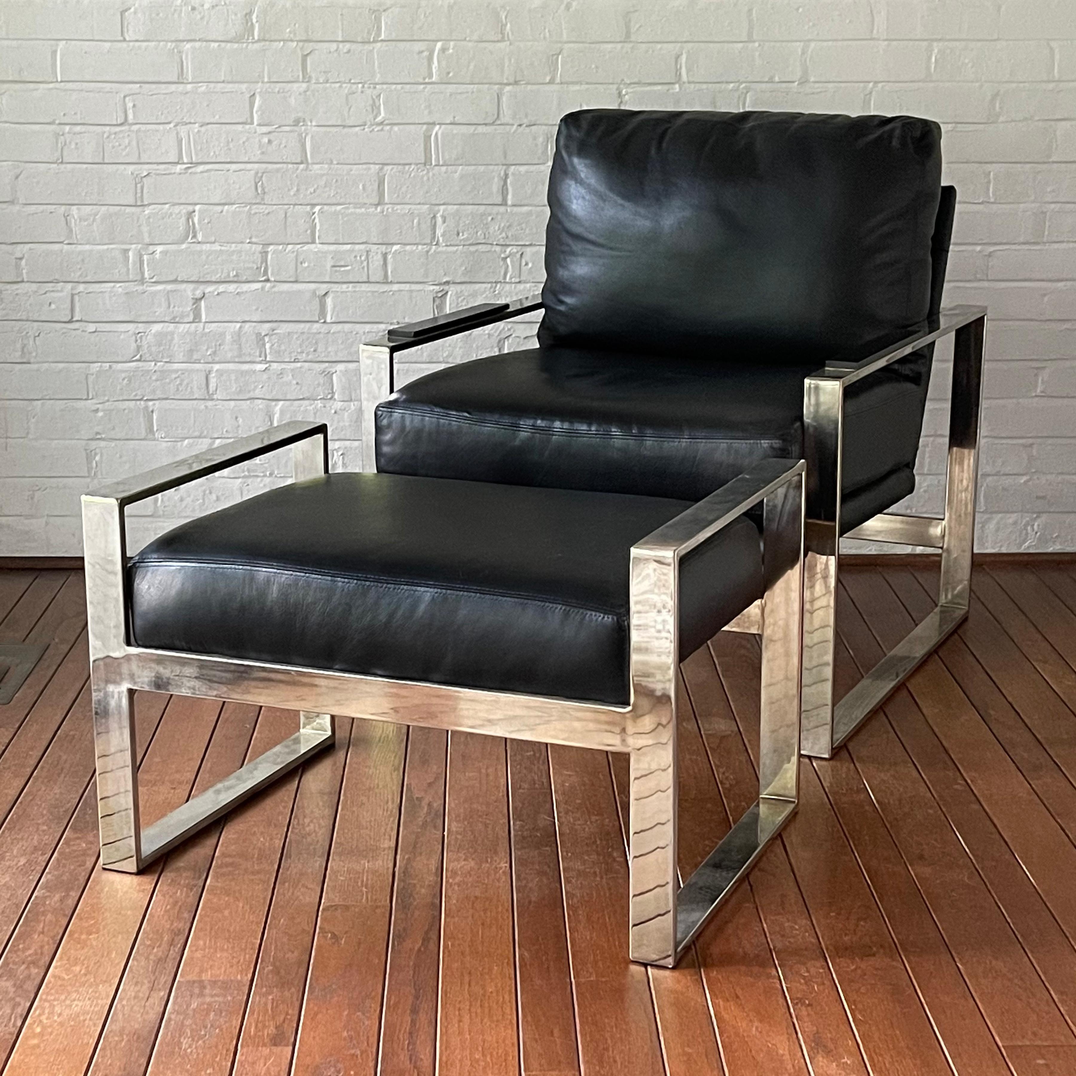 Chrome Frame Lounge Chair & Ottoman in the Manner of Milo Baughman For Sale 1