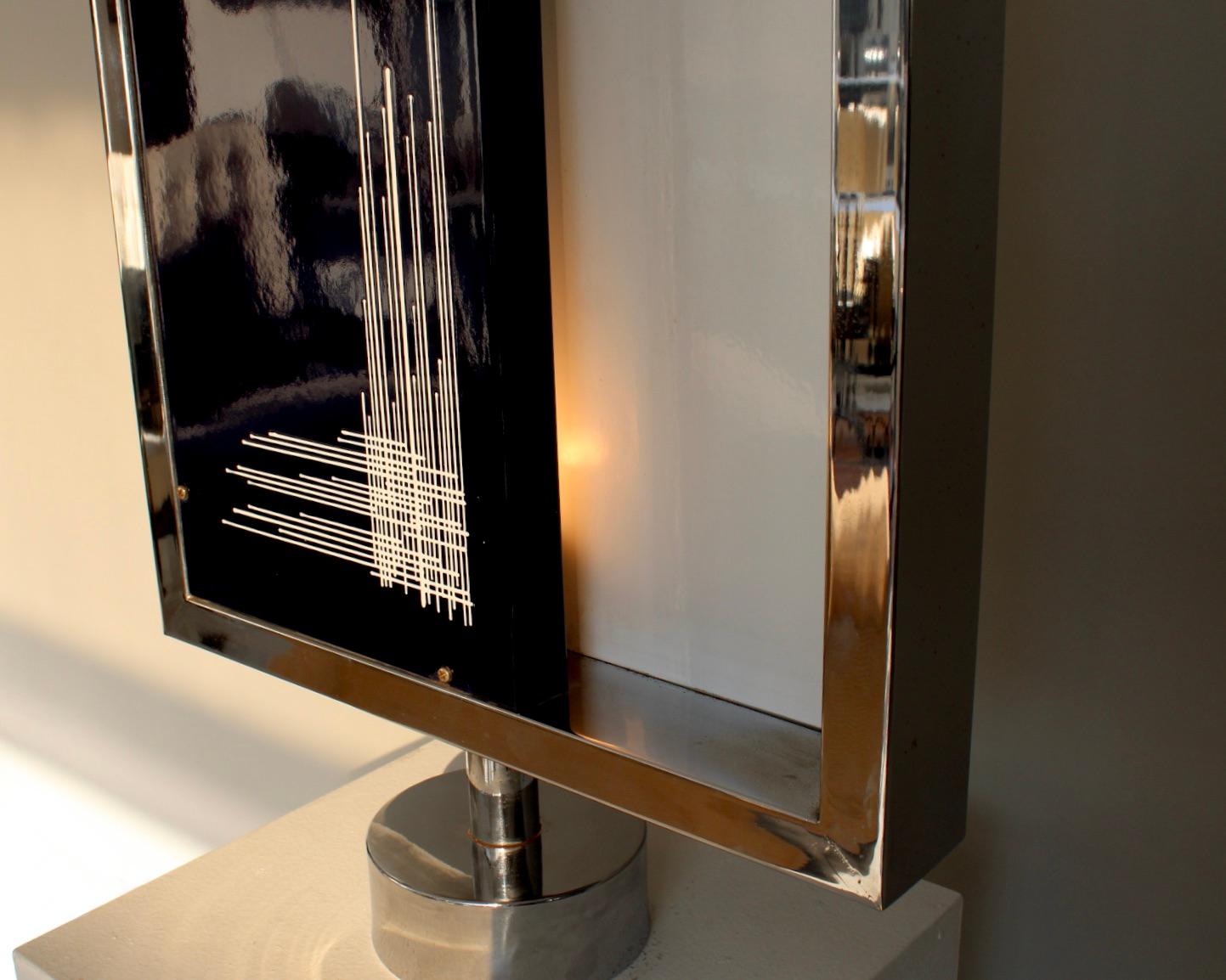 Chrome Framed and Black and White Enameled Steel Table Lamp Valdesa Italy Label For Sale 2
