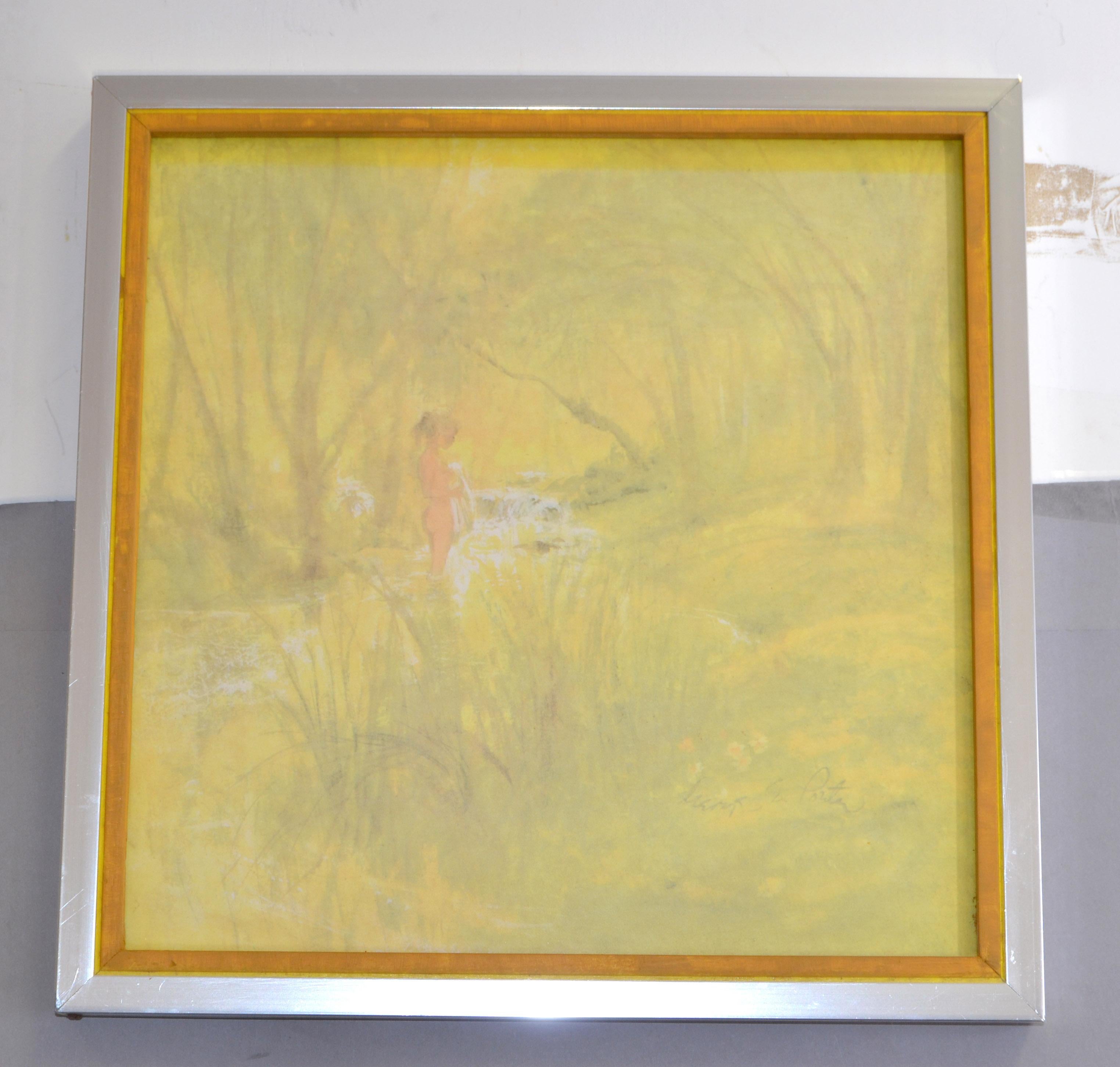 Chrome Framed Canvas on Board Watercolor Painting Bathing Girl Hues of Yellow For Sale 4