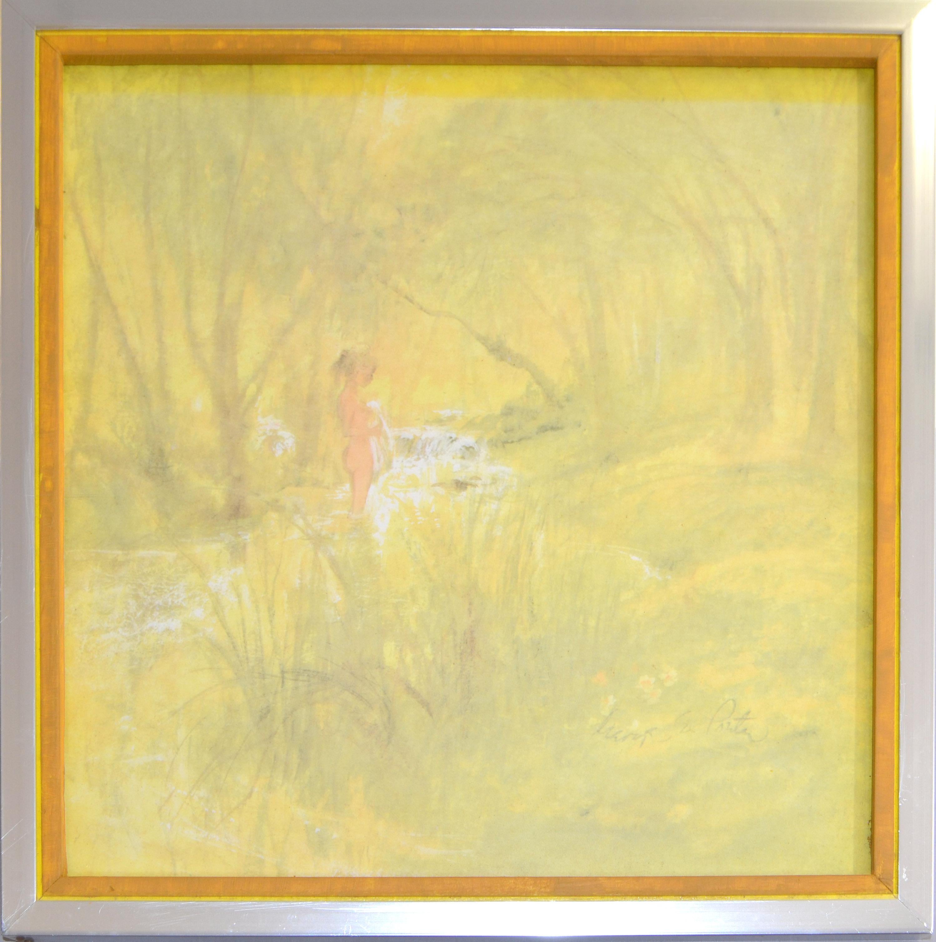 Signed Square Chrome Framed Landscape and Nude Watercolor painting on canvas over cardboard.
Very mellow hues of yellow colors depicting a Nude Girl bathing at the Creek.
Signed on the Artwork. 
Painting without the frame measures: 11.38 x 11.38