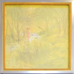 Chrome Framed Canvas on Board Watercolor Painting Bathing Girl Hues of Yellow